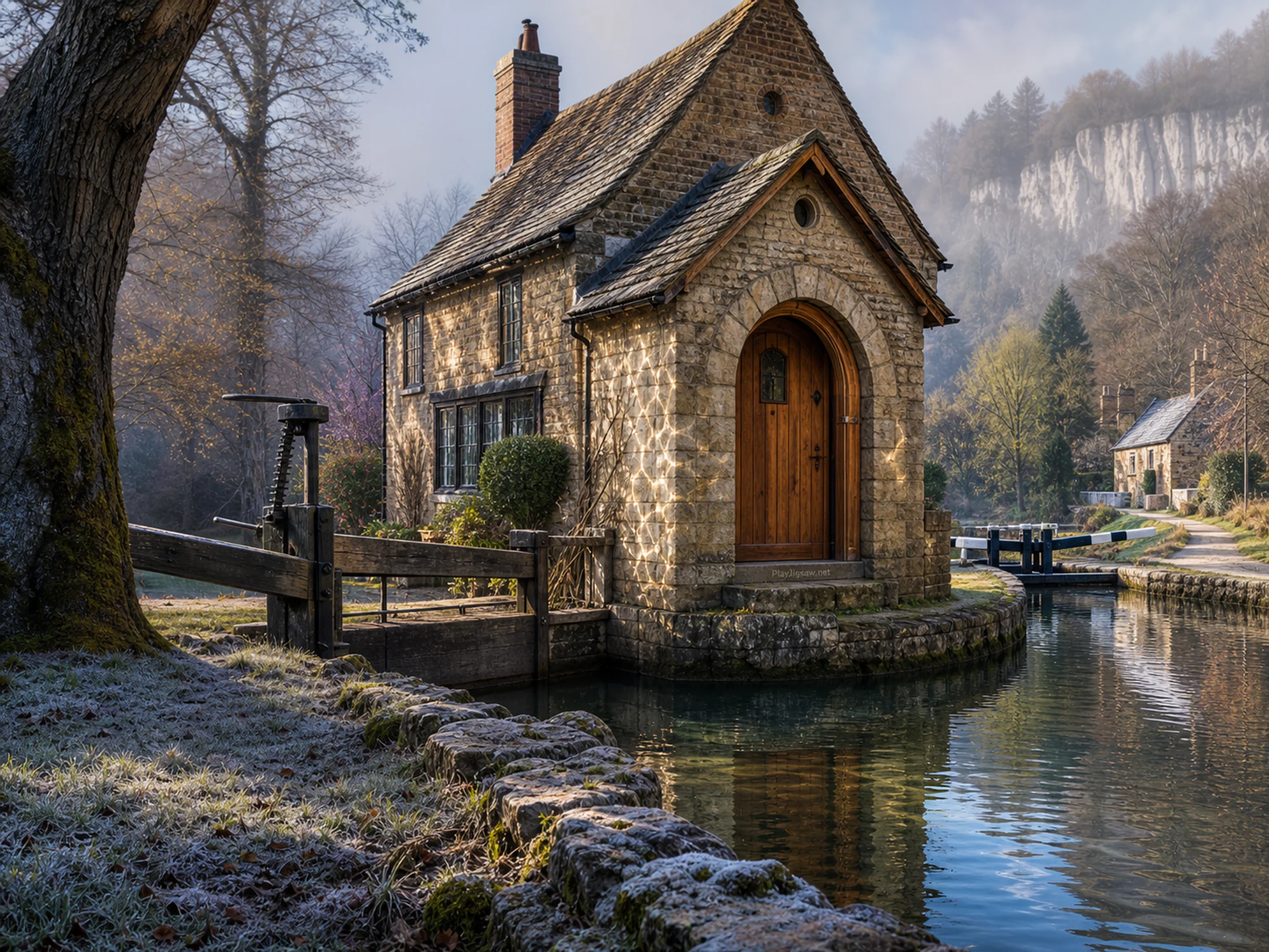 Canal Cottage anchoring arched wooden doorway in a reflective canal bend, composed as low route-level view with the main subject crossing two depth planes and three clearly.