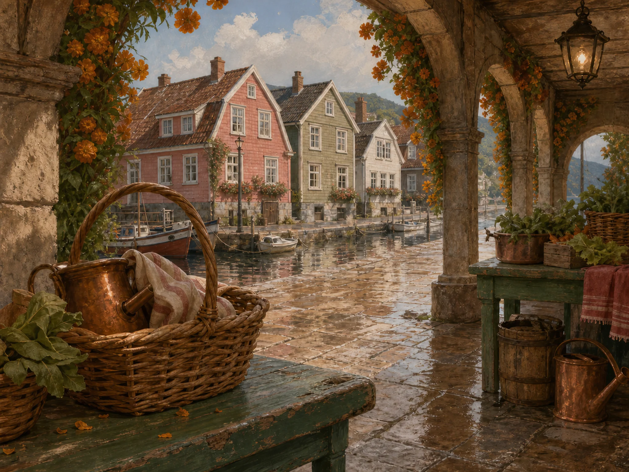 harbor row houses standing naturally beside a wicker shopping basket in a marigold-lined stone arcade beside a quiet riverside market, with familiar objects and sun after a brief.