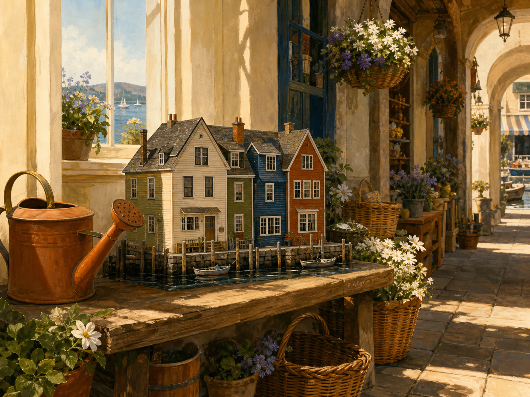 harbor row houses standing naturally beside a terracotta watering can in a flower-lined village shopping arcade with familiar market baskets, with familiar objects and warm.