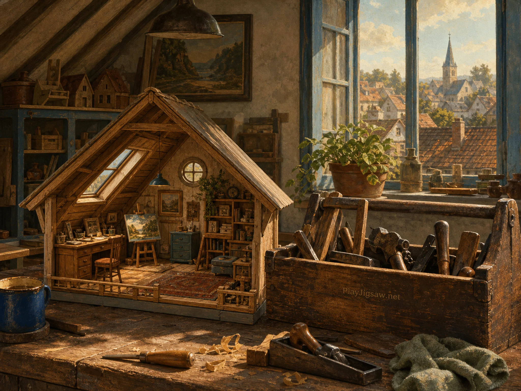 attic atelier arranged naturally beside a well-used wooden toolbox in a neighborhood carpenter workshop with open windows, with familiar objects and golden kitchen-window light.