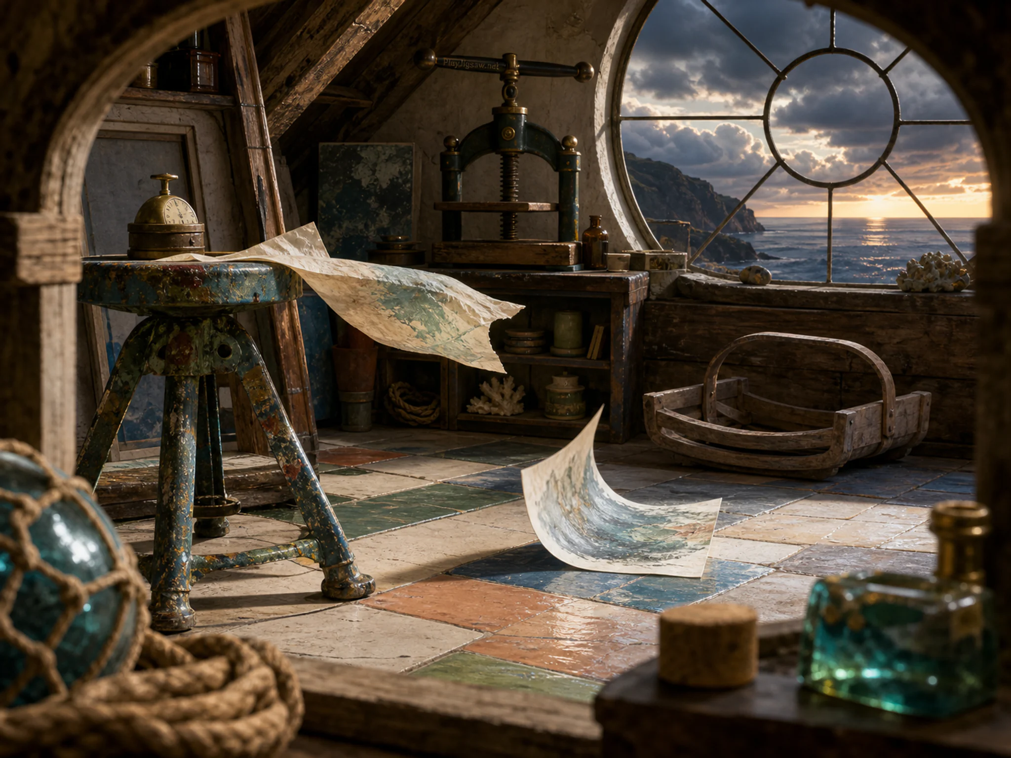 Attic Atelier waiting beside paint-spattered stool in a practical maker forge, composed as view through a practical opening such as a hatch, arch, shelf gap, or equipment frame.