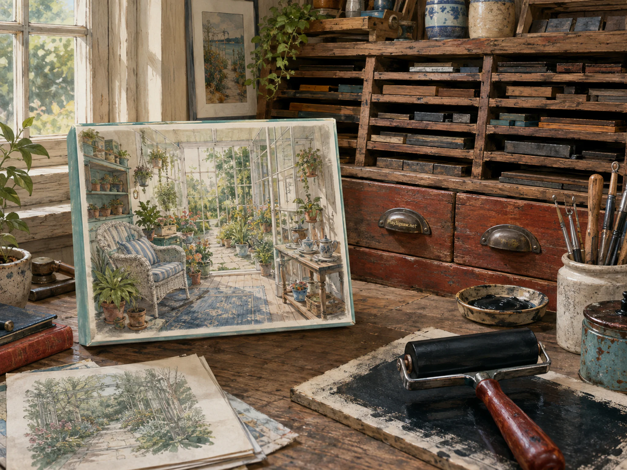 garden sketch room arranged naturally beside a hand ink roller in a small traditional print shop with a letterpress cabinet, with familiar objects and bright diffused window light.