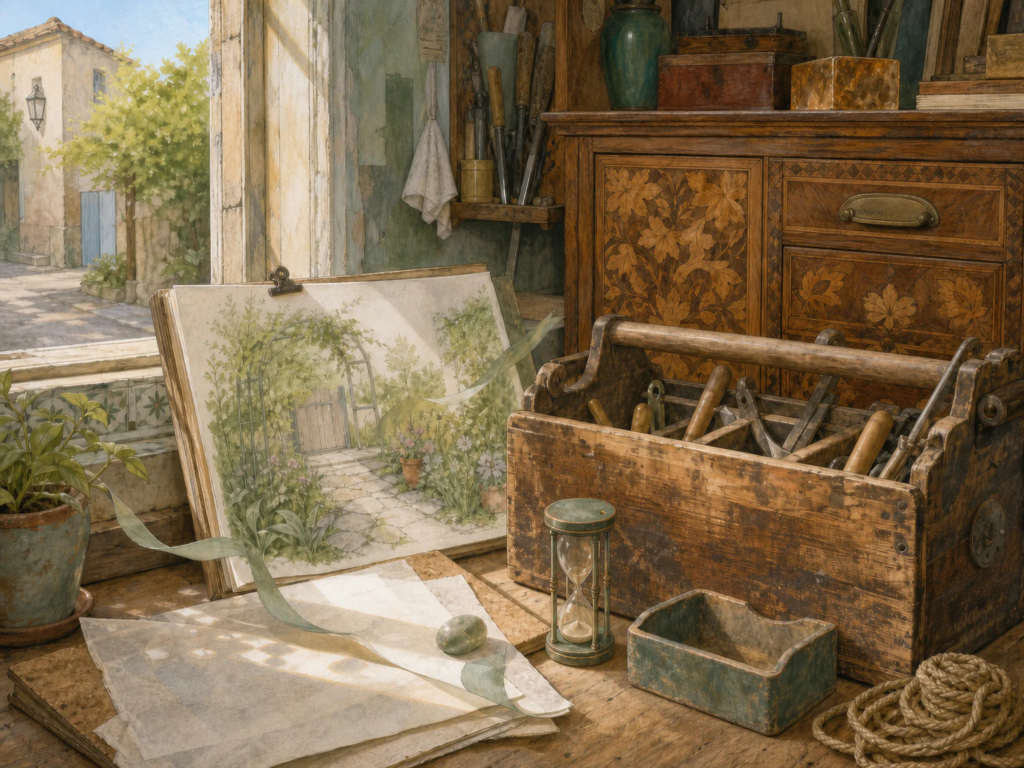 garden sketch room arranged naturally beside a well-used wooden toolbox in a home furniture-repair room with a marquetry cabinet, with familiar objects and clear early-morning.