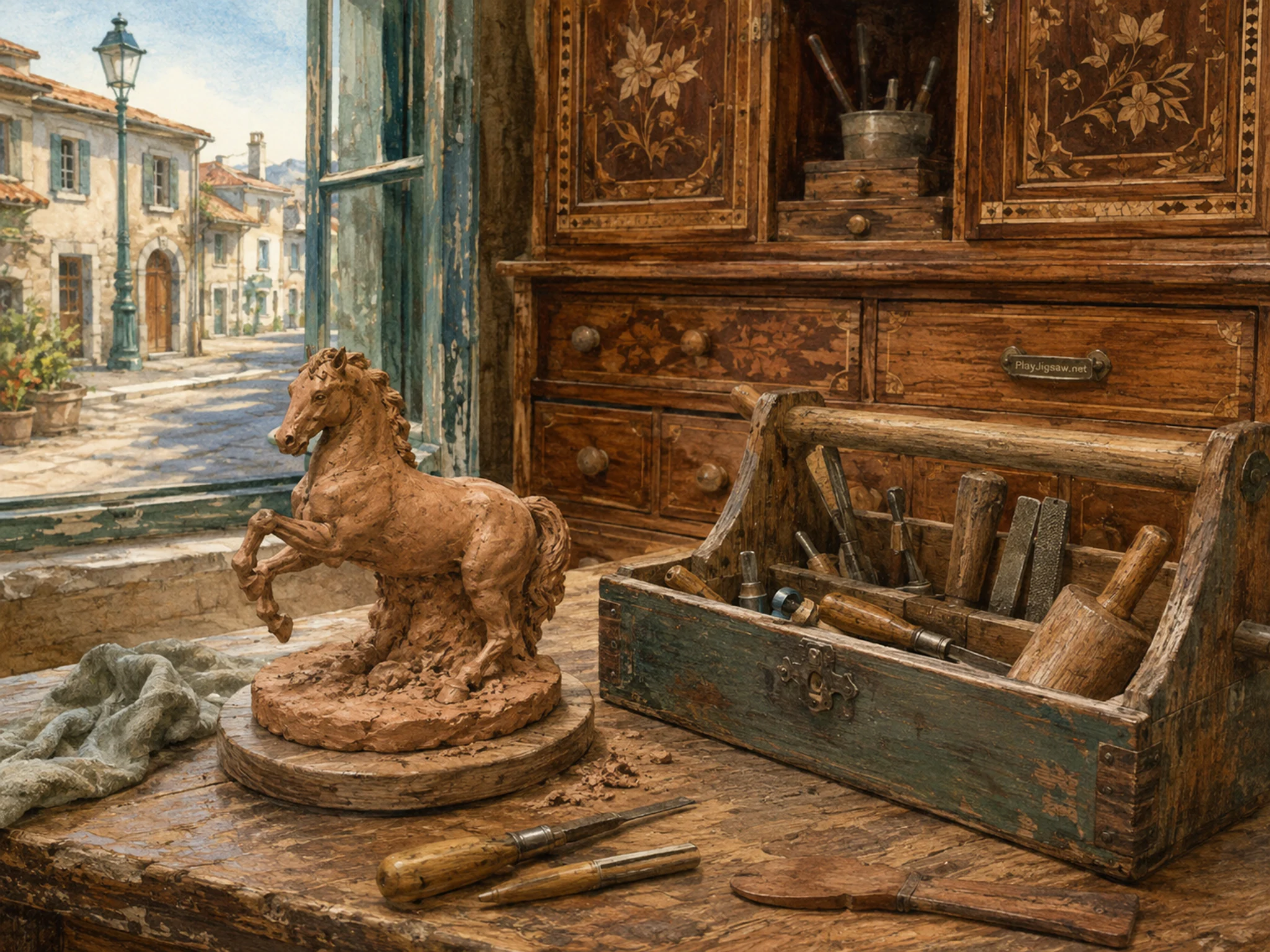 clay sculpture arranged naturally beside a well-used wooden toolbox in a home furniture-repair room with a marquetry cabinet, with familiar objects and clear early-morning light.