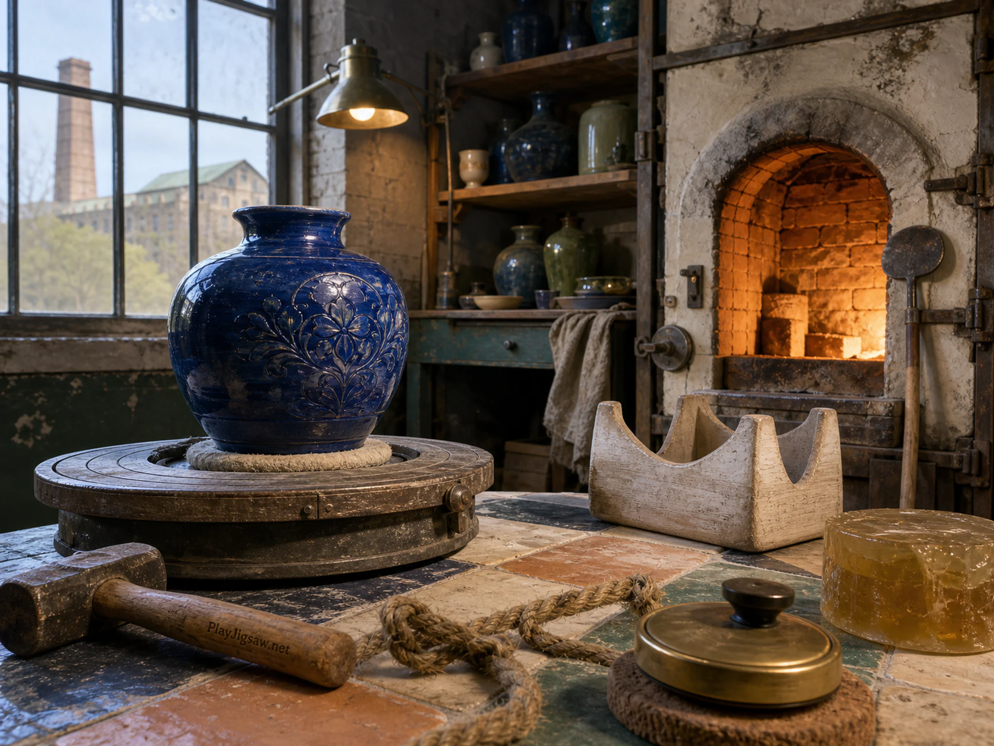 Cobalt Kiln Vase being prepared near turning banding wheel in a print studio beside tall windows, composed as ground-level view using a textured leading edge, a middle landmark.