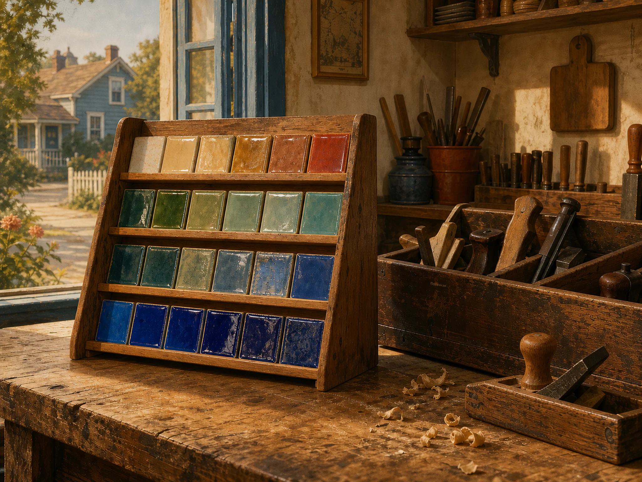 glaze test shelf arranged naturally beside a well-used wooden toolbox in a neighborhood carpenter workshop with open windows, with familiar objects and golden kitchen-window light.