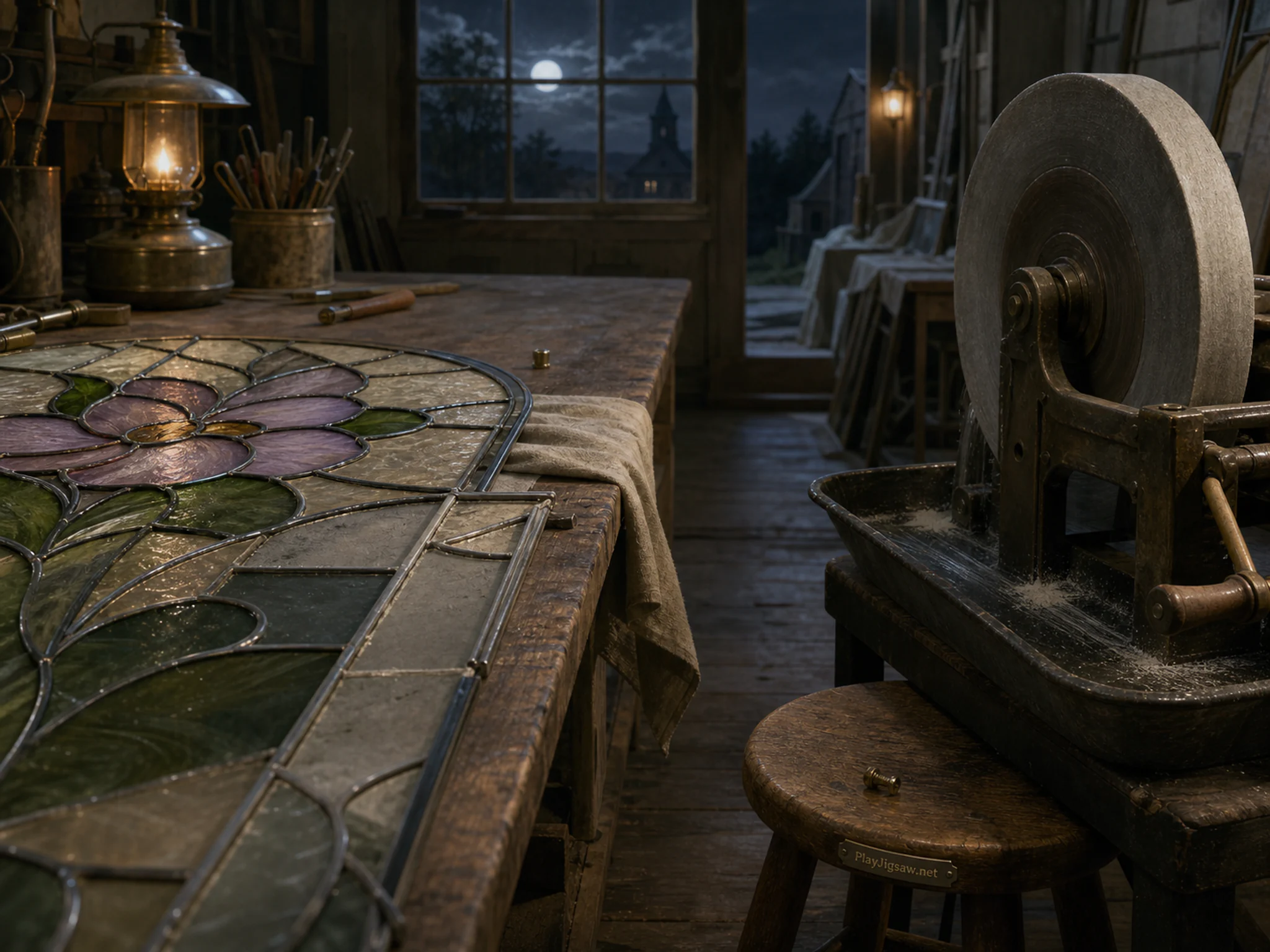 Stained Glass Bench being prepared near turning banding wheel in a north-lit studio table, composed as central negative-space corridor surrounded by asymmetrical clusters of.