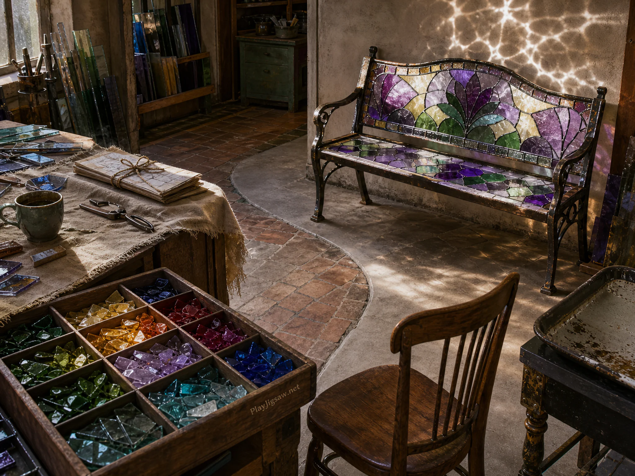 Stained Glass Bench catching light above sorted colored glass tray in a jewel-toned glass workshop, composed as high oblique view with four large color zones connected by one.
