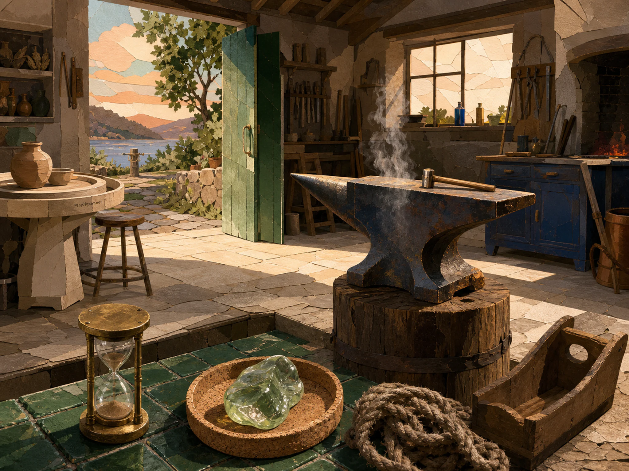 Blacksmith Anvil cooling alongside small chasing hammer in an airy artist loft, composed as split-level composition showing above and below, inside and outside, or wet and dry in.