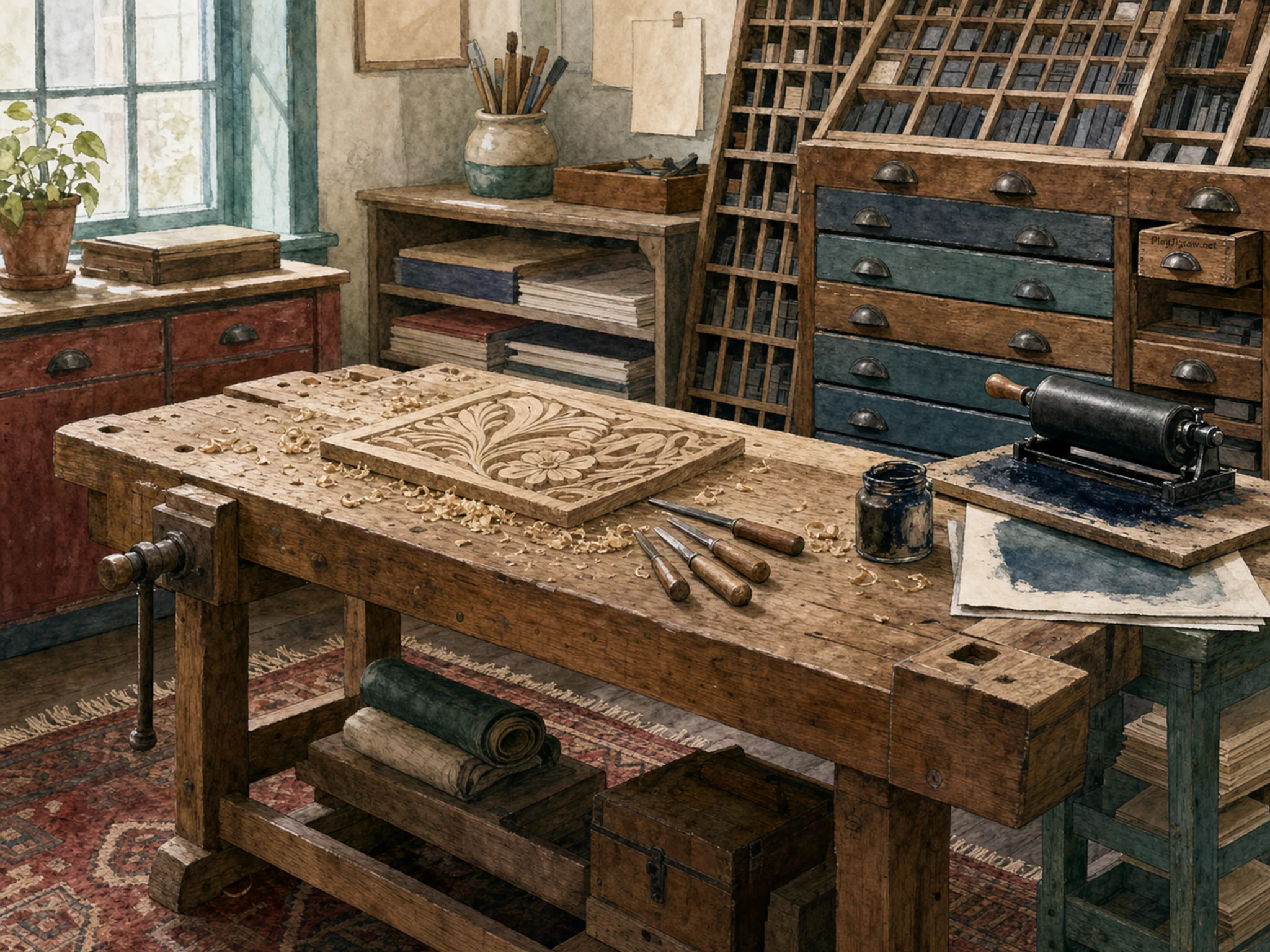 woodcarving bench arranged naturally beside a hand ink roller in a small traditional print shop with a letterpress cabinet, with familiar objects and bright diffused window light.