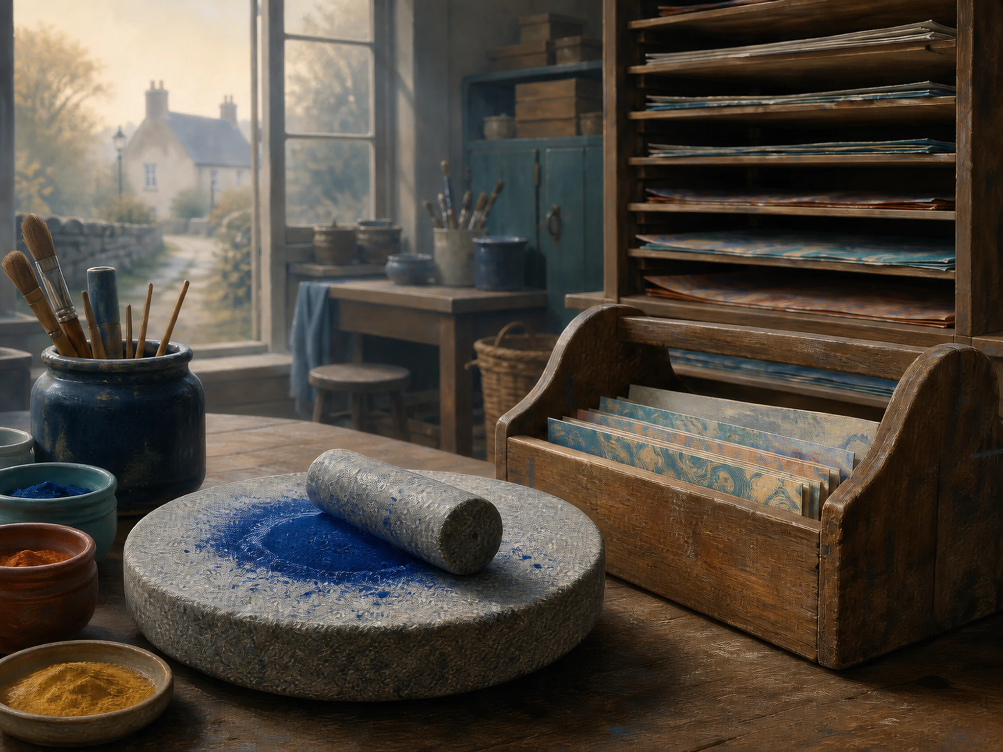 pigment grinding stone arranged naturally beside a wooden paper caddy in a quiet community craft room with a marbled paper rack, with familiar objects and calm misty dawn.