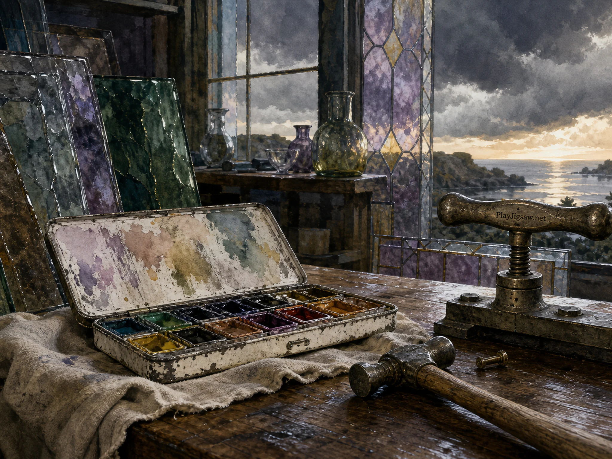 Watercolor Paint Box cooling alongside small chasing hammer in a jewel-toned glass workshop, composed as off-center subject seen in reflection or through translucent material.