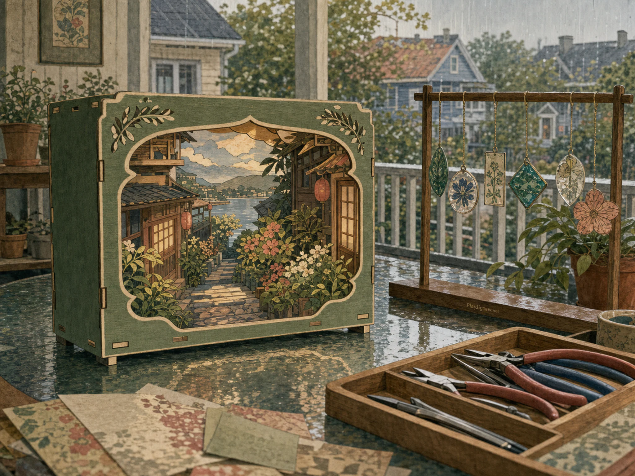 paper theater arranged naturally beside a shallow pliers tray in a glass-craft table on a covered home veranda, with familiar objects and gentle rain with crisp reflections.