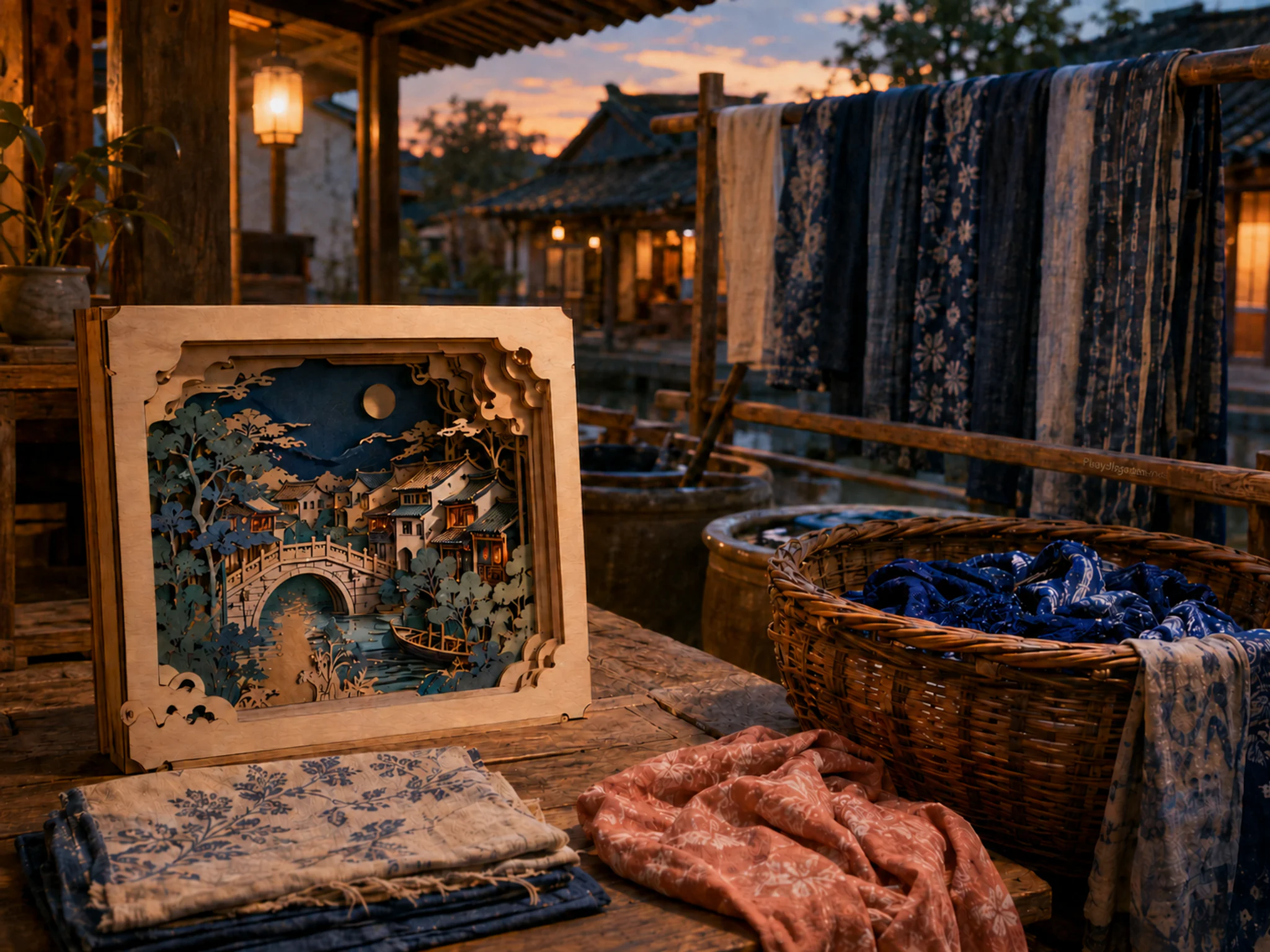 paper theater arranged naturally beside a wicker dye basket in a covered textile-dyeing yard with folded cloth and drying racks, with familiar objects and warm lamplight at dusk.