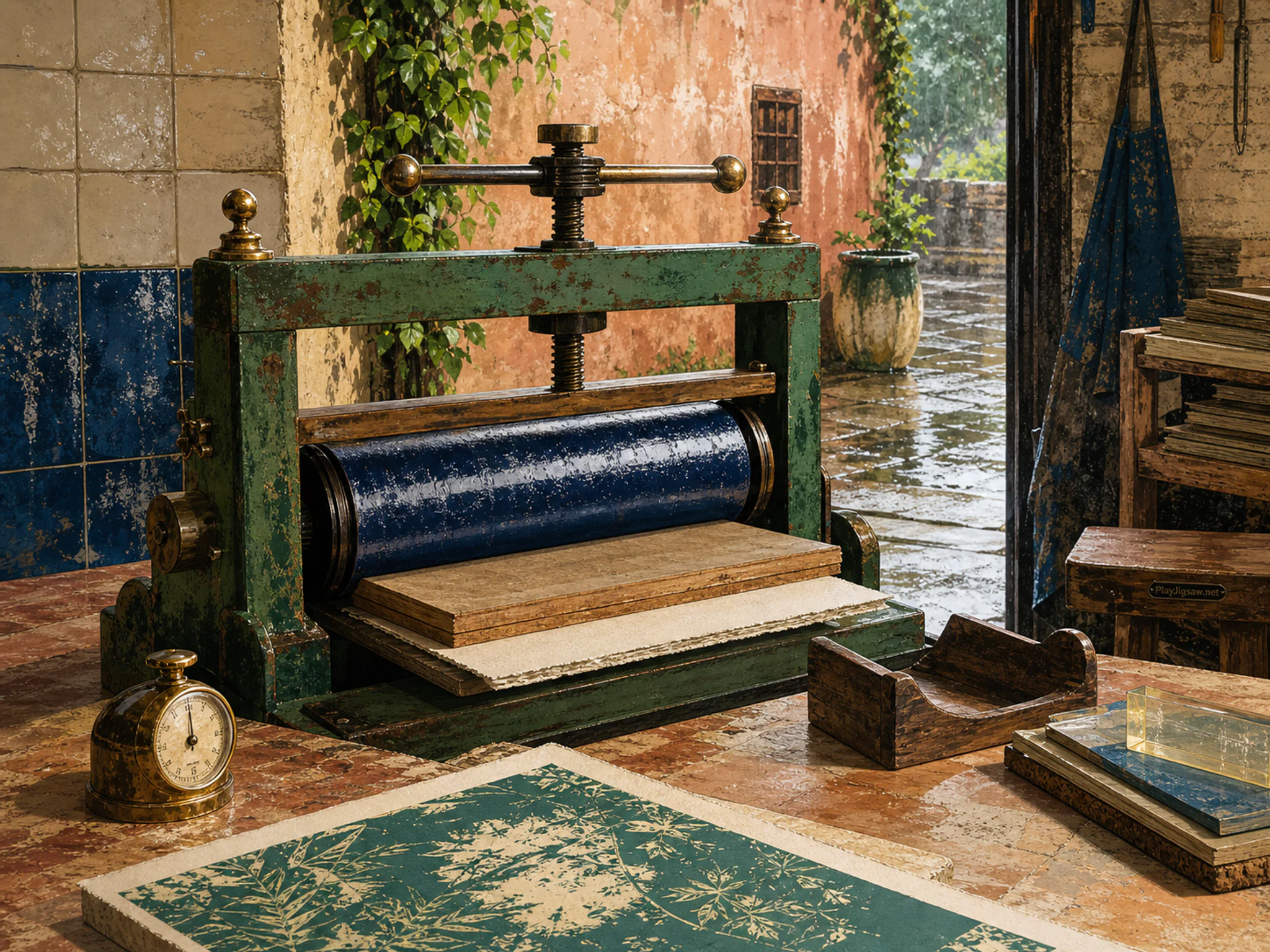 Bookbinding Press aligned across heavy proofing roller in a warm ceramic workshop, composed as near-symmetry deliberately broken by one functional action, one weather effect, and.