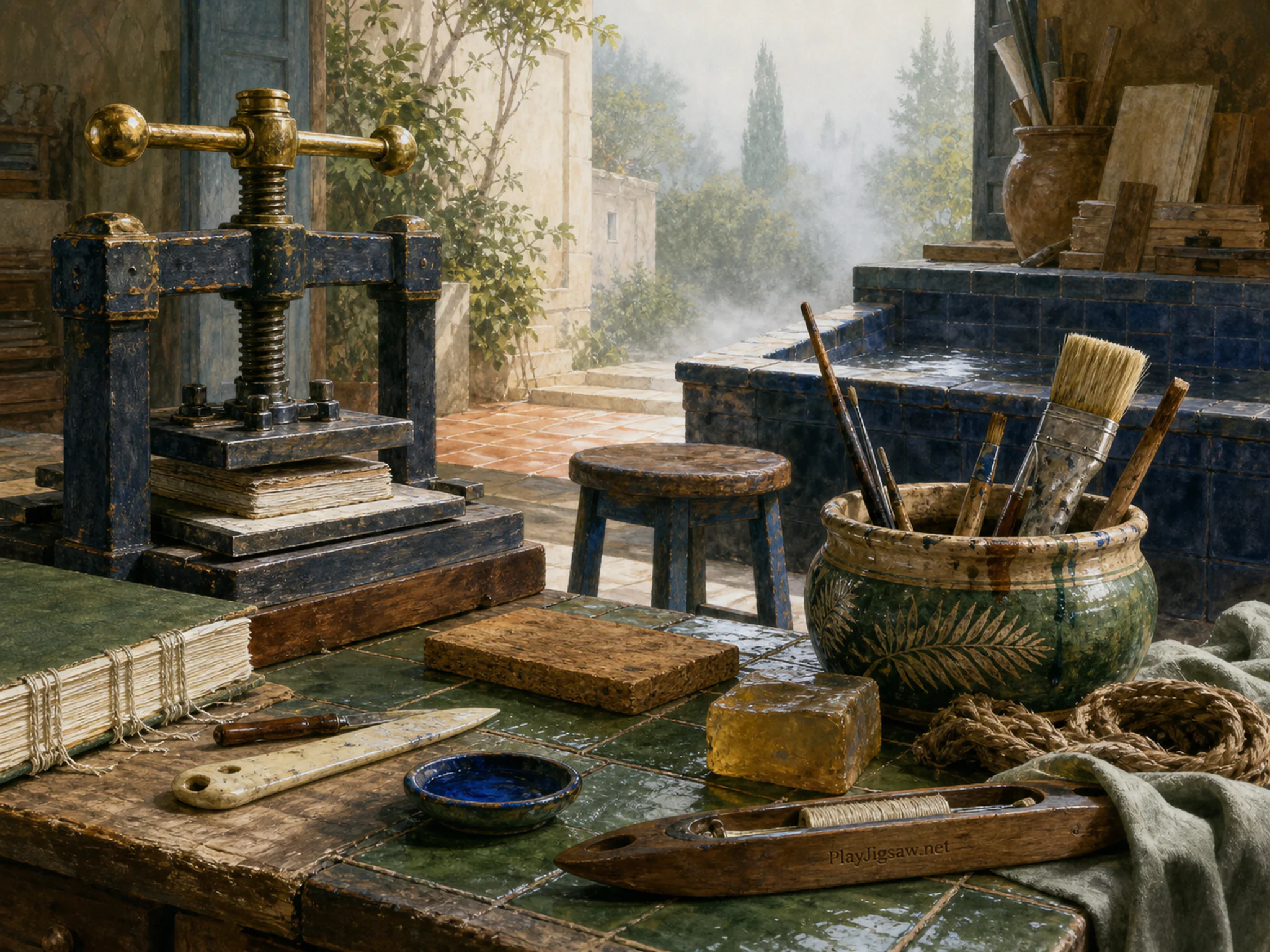 Bookbinding Press arranged beside well-used brush cup in a practical maker forge, composed as split-level composition showing above and below, inside and outside, or wet and dry.