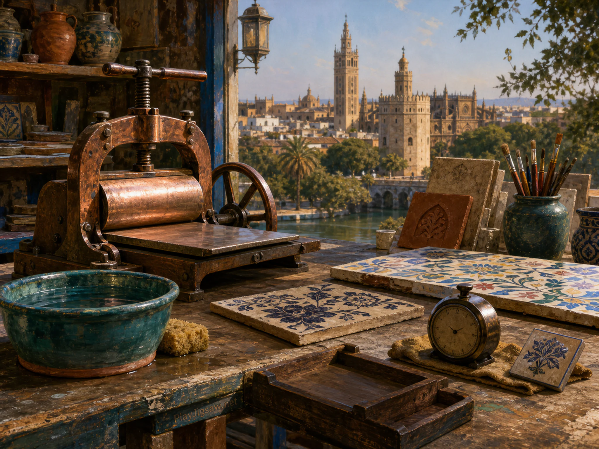 copper etching press arranged naturally beside a glazed water bowl in a pottery studio with a familiar tile-painting worktable, with familiar objects and warm late-day sunlight.