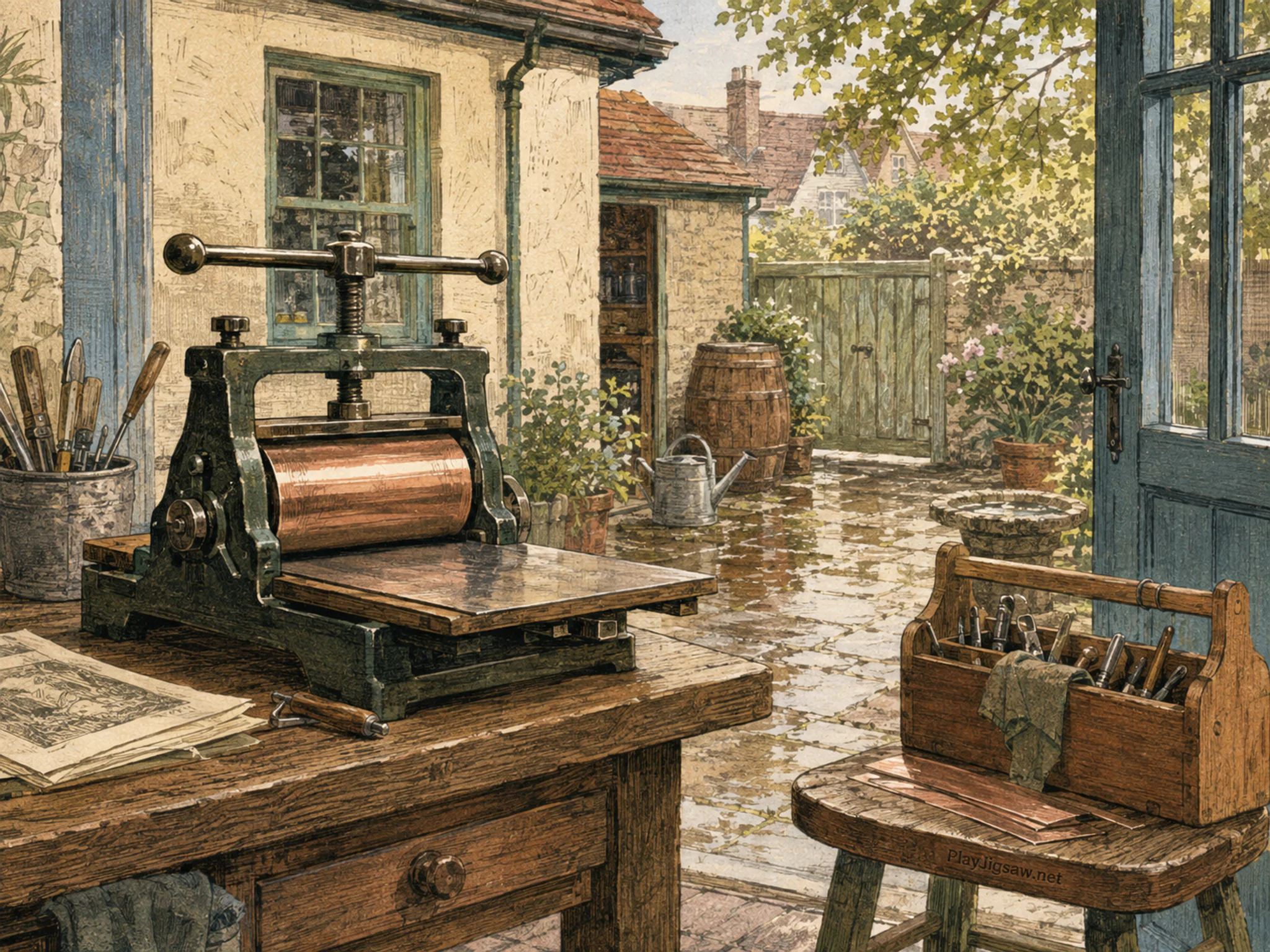 copper etching press arranged naturally beside a wooden tool caddy in a small sculptor courtyard behind a family home, with familiar objects and sun after a brief rain shower.