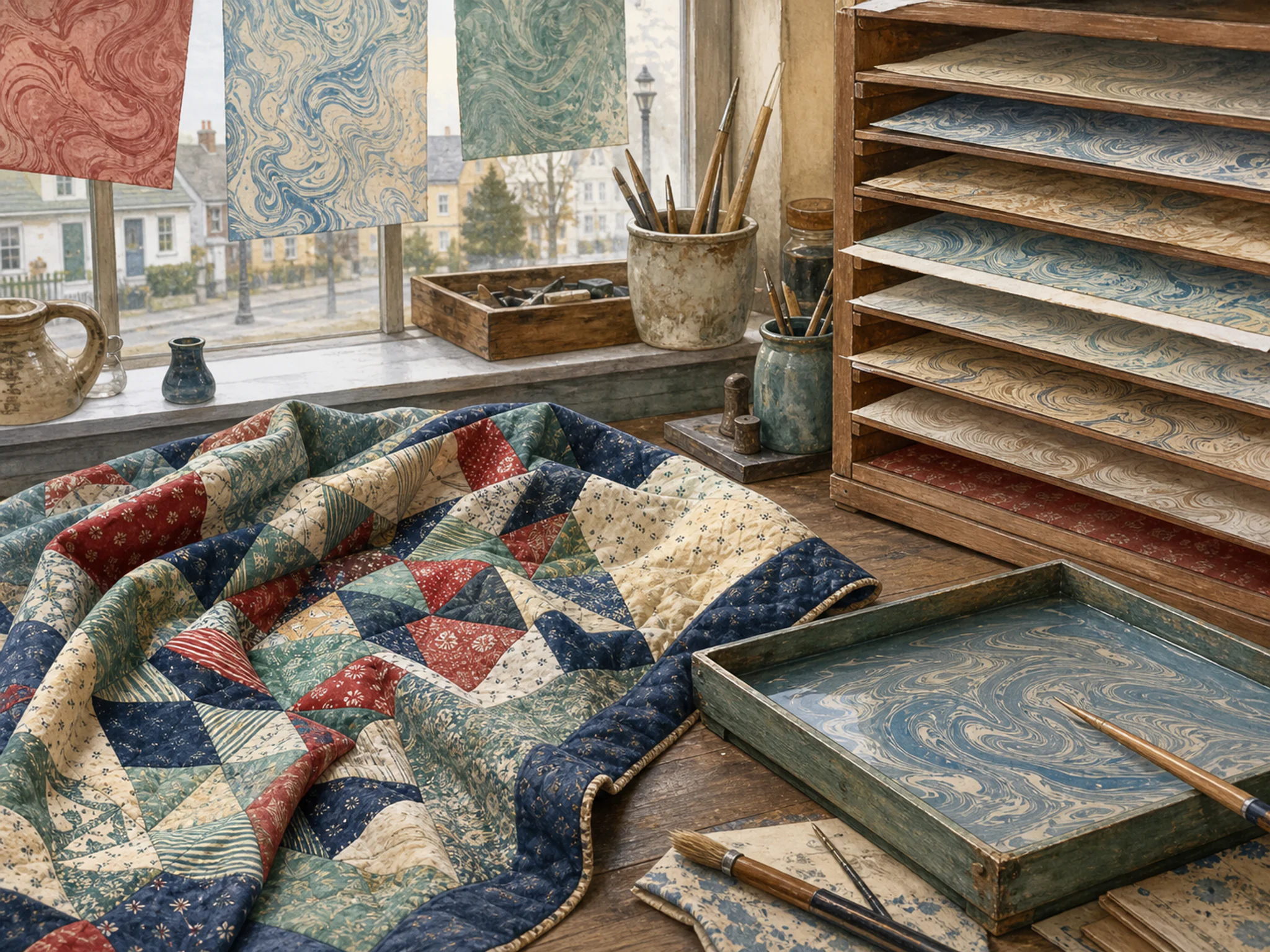 patchwork quilt arranged naturally beside a shallow water tray in a neighborhood bookbinding workshop with marbled paper drying by the window, with familiar objects and soft.