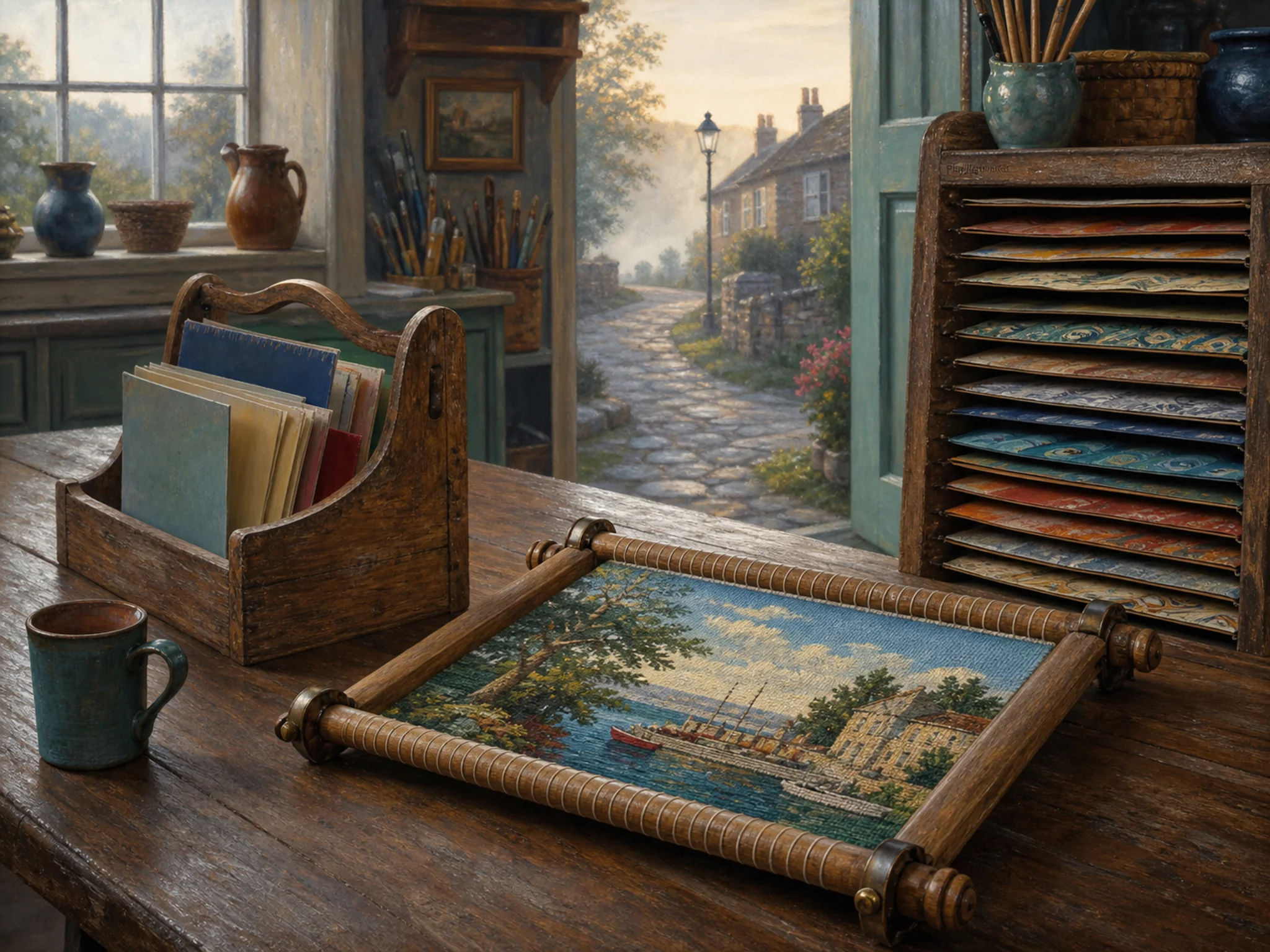 tapestry frame arranged naturally beside a wooden paper caddy in a quiet community craft room with a marbled paper rack, with familiar objects and calm misty dawn.