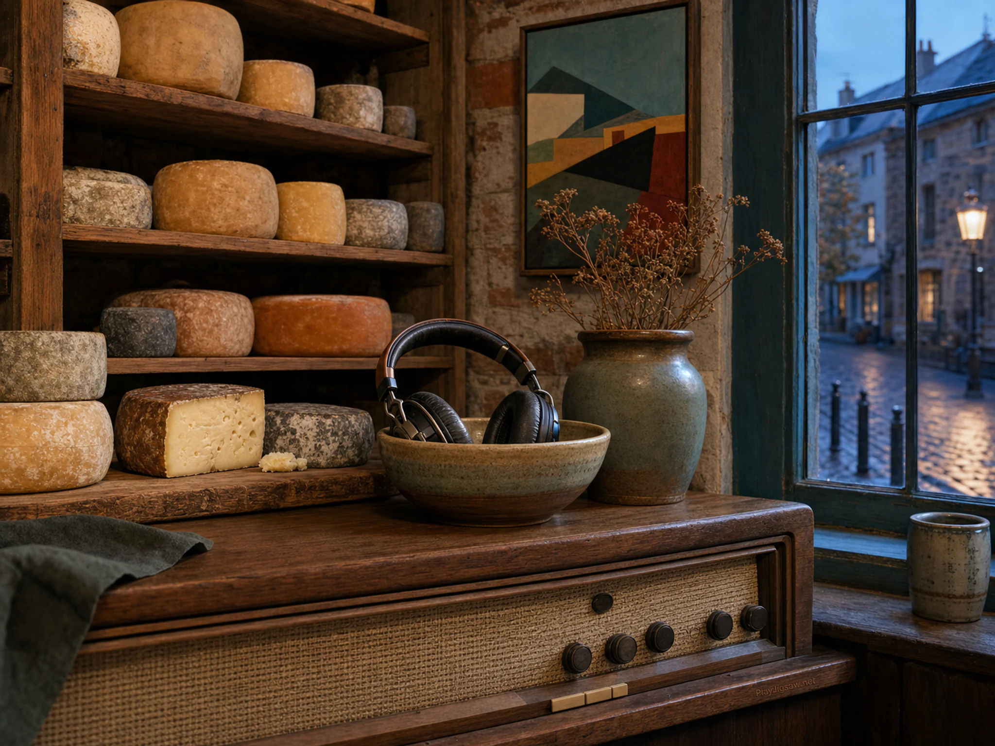 cheese cellar shelf resting naturally beside a ceramic headphone bowl in a living-room radio desk beside a street-facing window, with familiar objects and cool blue-hour light.