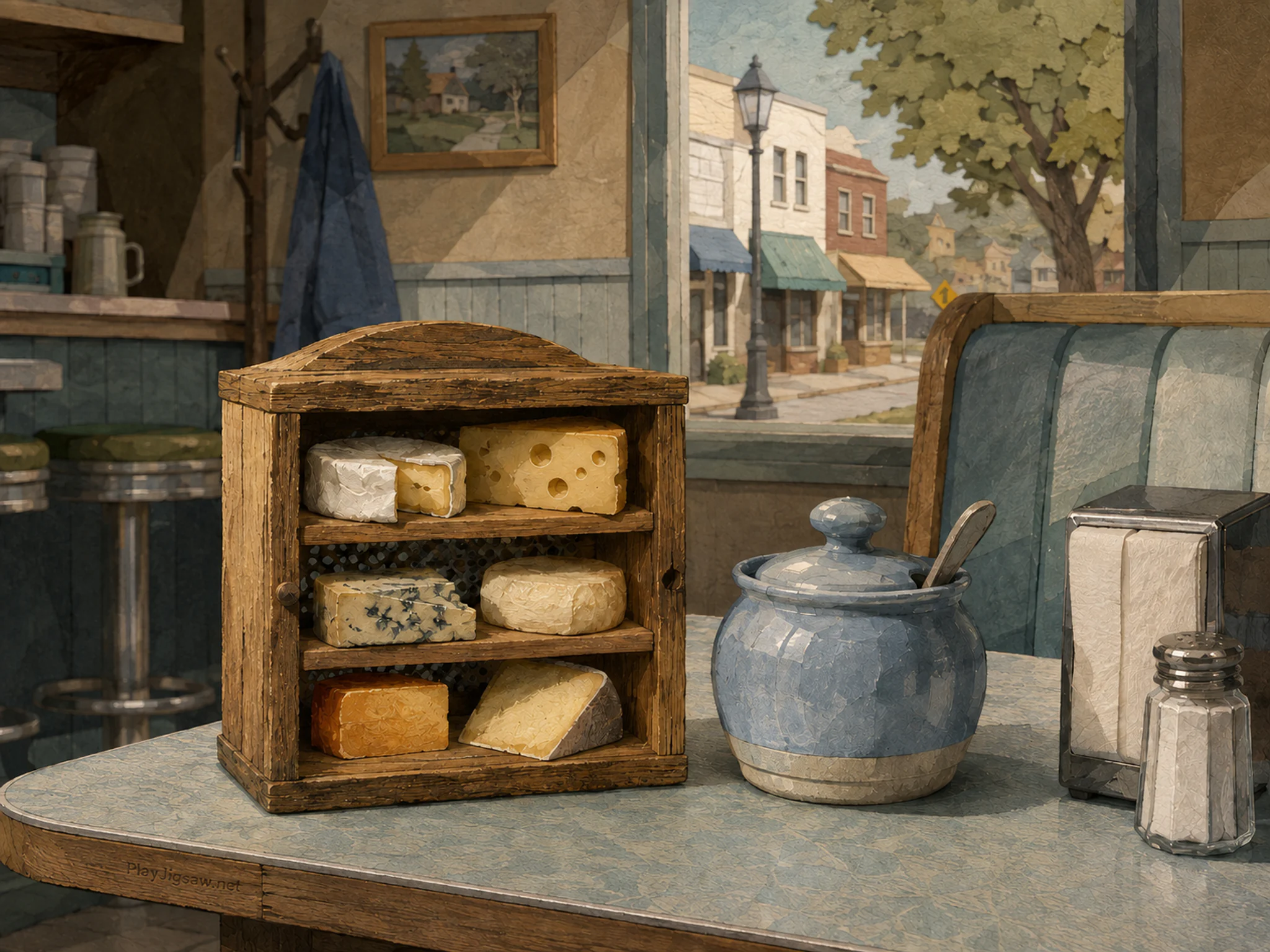 cheese cellar shelf resting naturally beside a ceramic sugar bowl without text in a small neighborhood diner booth before opening, with familiar objects and soft overcast.
