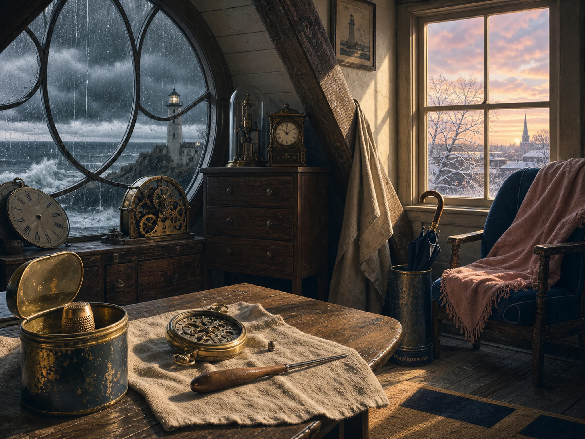 Clockmaker Attic being mended beside brass thimble tin in a calm listening corner, composed as near-symmetry deliberately broken by one functional action, one weather effect, and.