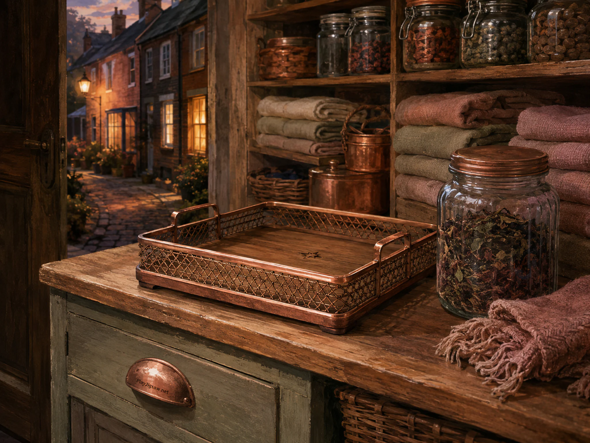 balcony tea tray resting naturally beside a glass storage jar without labels in a townhouse pantry cellar with jars and folded towels, with familiar objects and warm lamplight at.