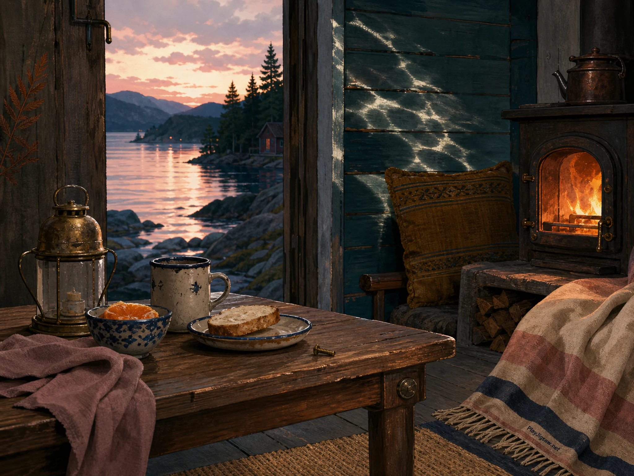 Cabin Breakfast Table catching a breeze beside woven porch cushion in a firelit evening corner, composed as low threshold view framed by two unequal vertical elements, opening.