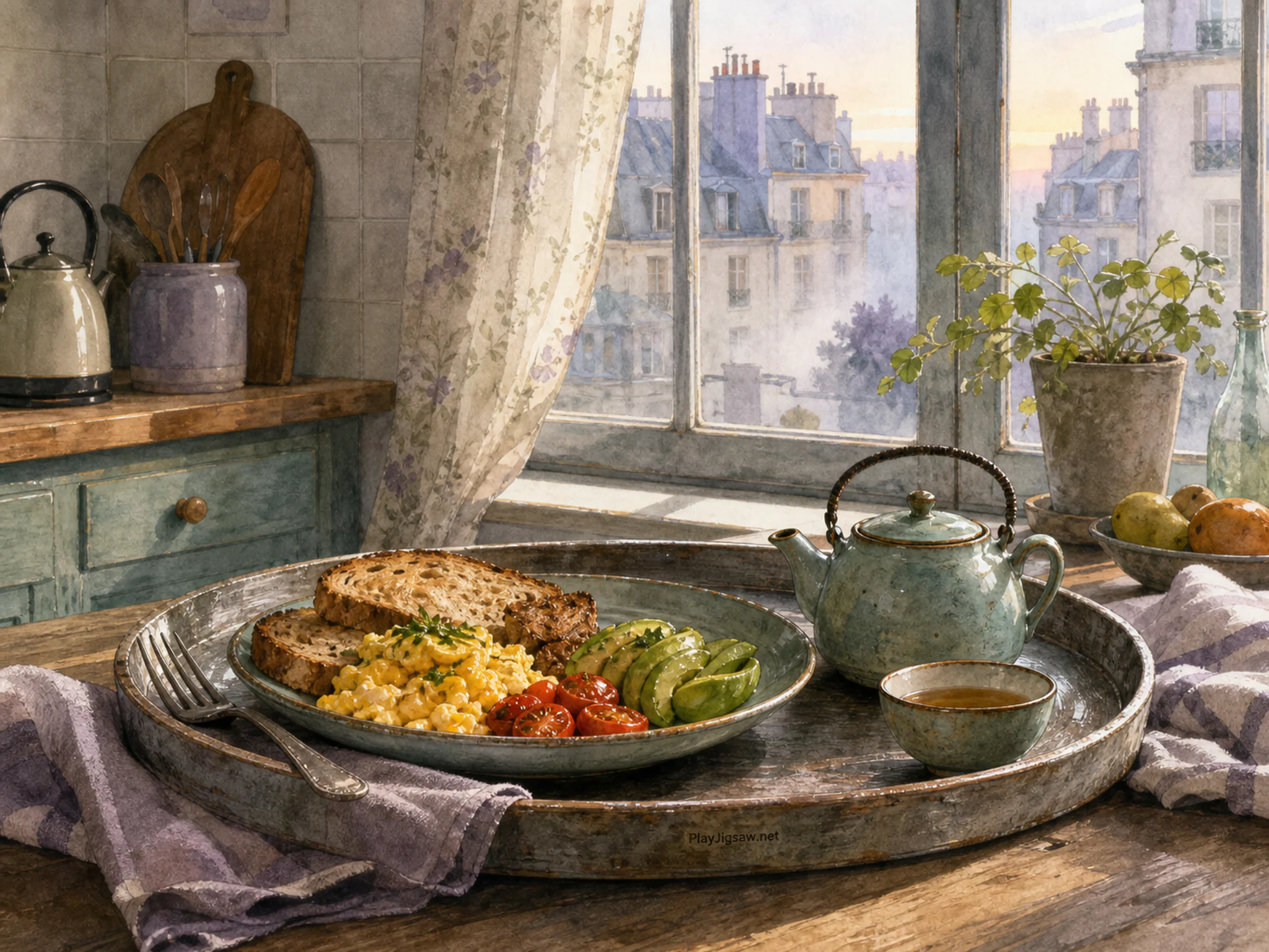 greenhouse breakfast resting naturally beside a small teapot in a tea-tasting table beside an apartment kitchen window, with familiar objects and calm misty dawn.