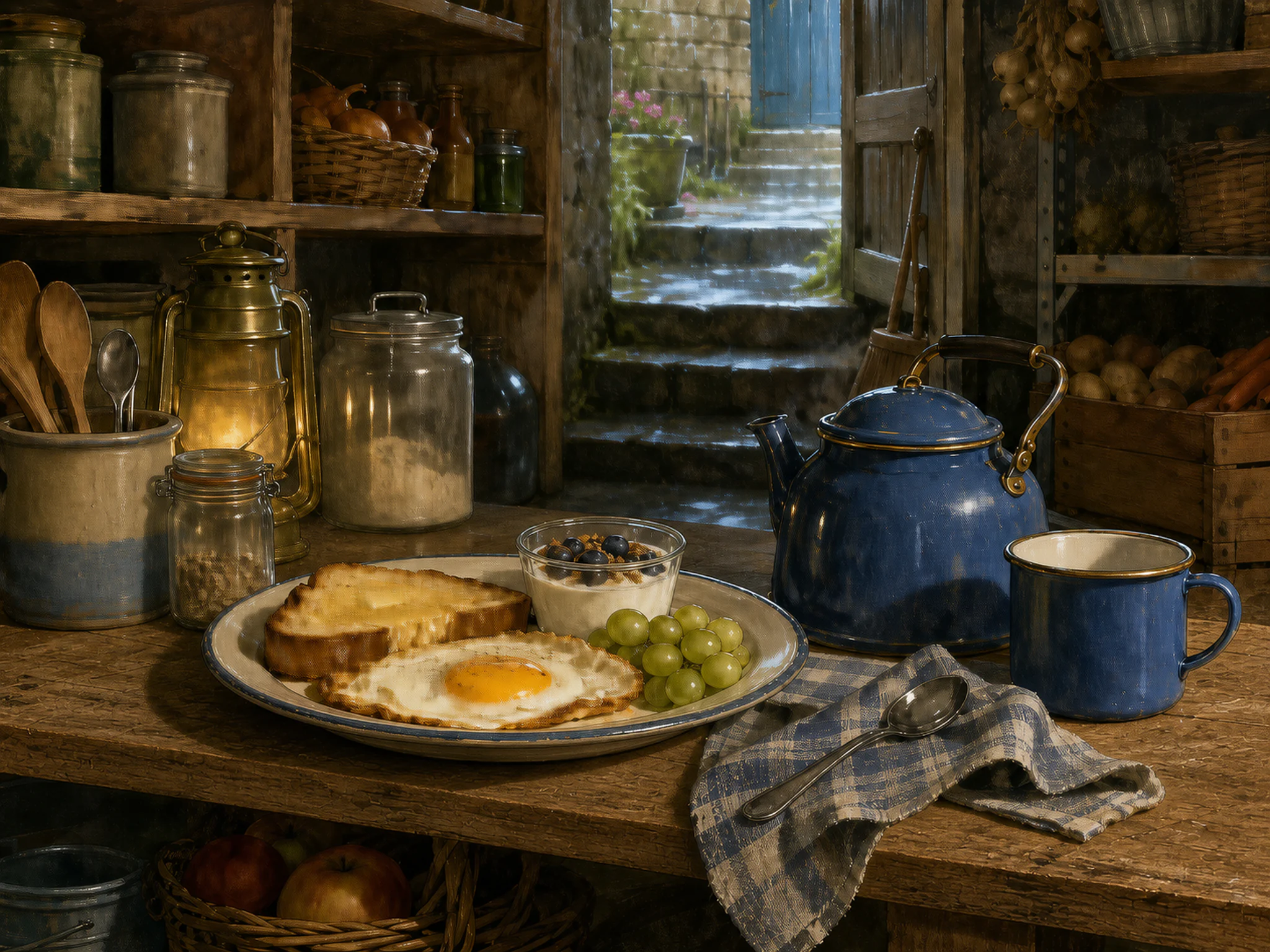 greenhouse breakfast resting naturally beside an enamel kettle in a familiar farmhouse pantry cellar beneath the kitchen, with familiar objects and gentle rain with crisp.