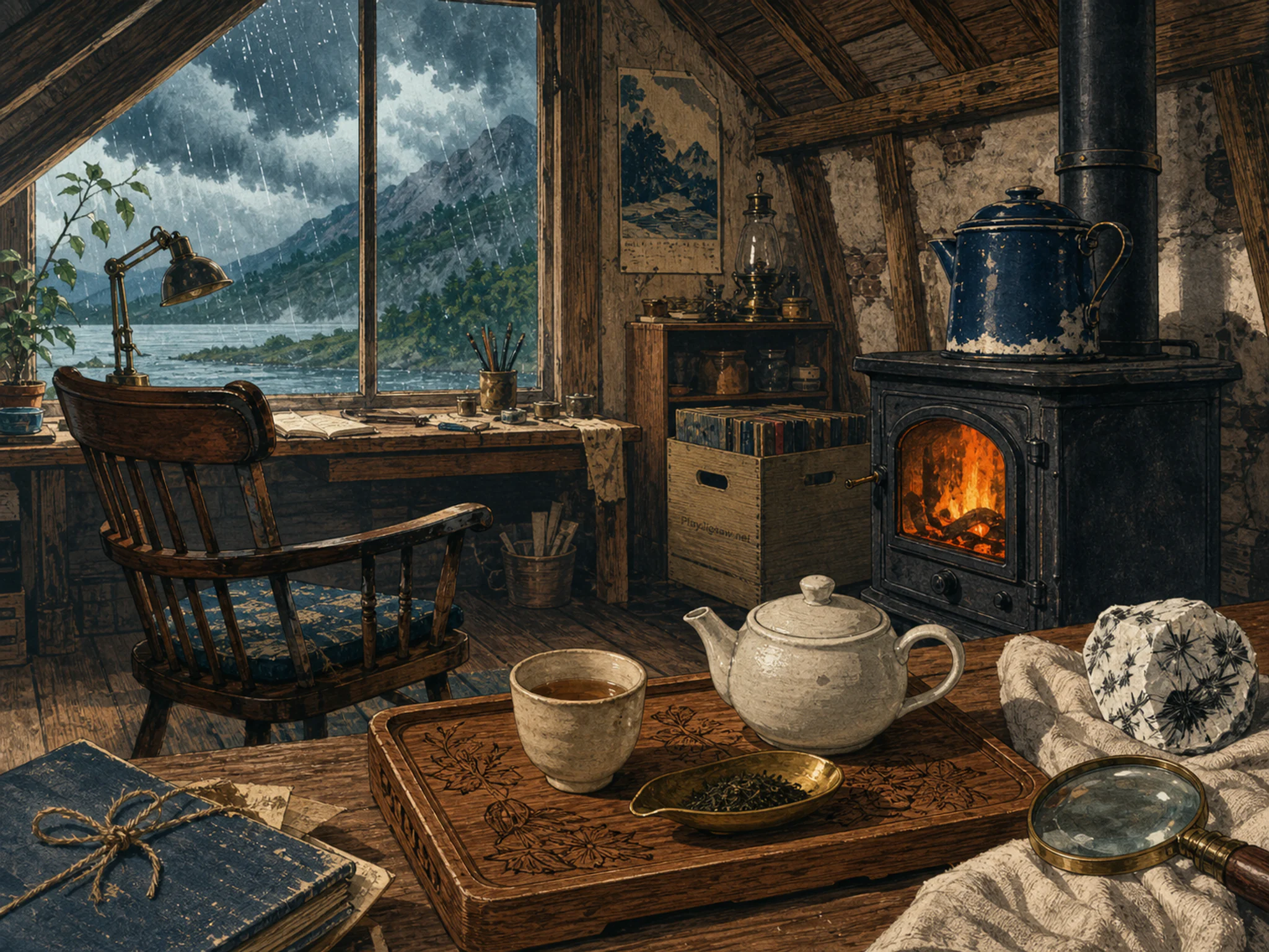 Cabin Stove Corner warming near engraved tea tray in a timbered attic workspace, composed as near-symmetry deliberately broken by one functional action, one weather effect, and.