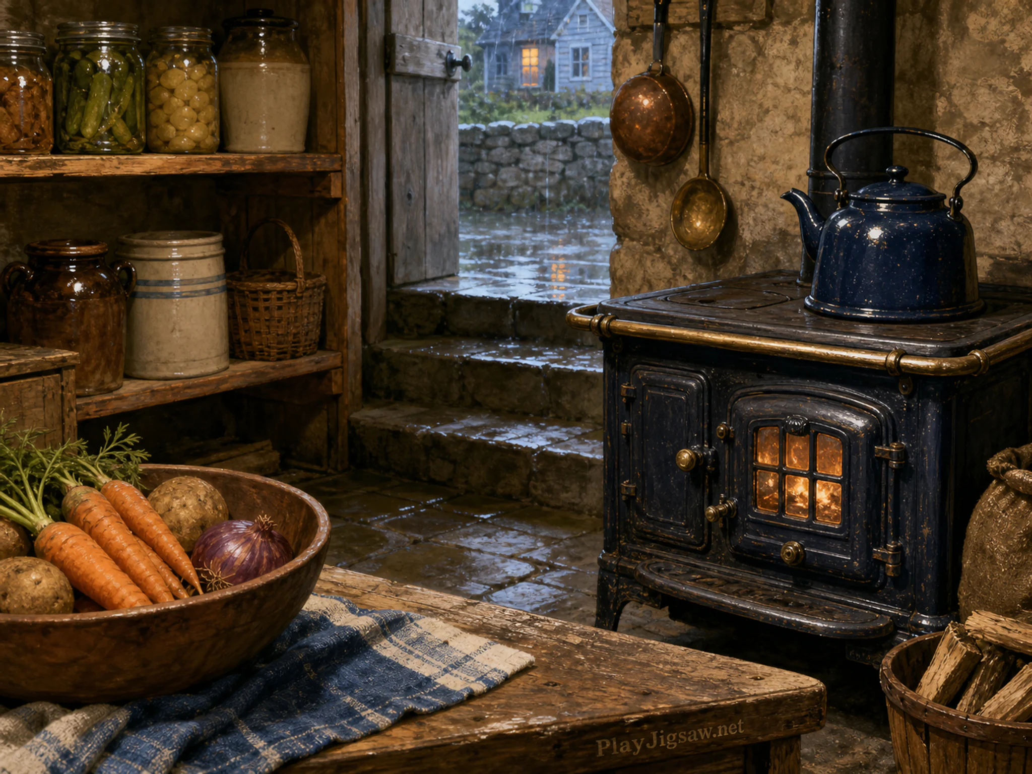 cabin stove corner resting naturally beside an enamel kettle in a familiar farmhouse pantry cellar beneath the kitchen, with familiar objects and gentle rain with crisp.