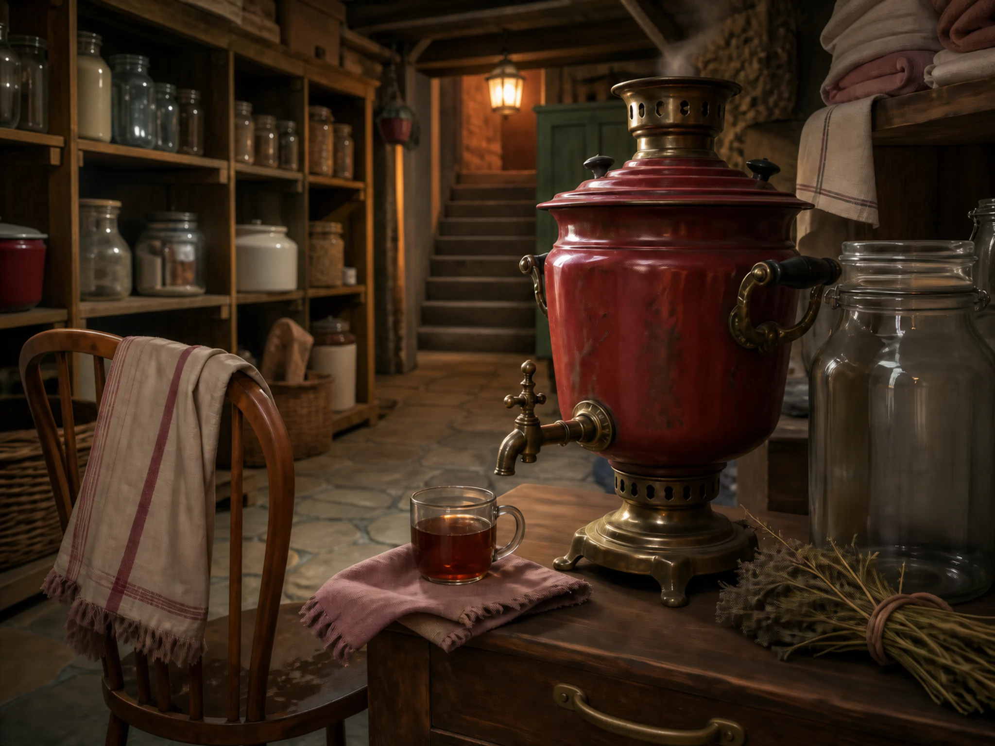 carmine samovar resting naturally beside a glass storage jar without labels in a townhouse pantry cellar with jars and folded towels, with familiar objects and warm lamplight at.