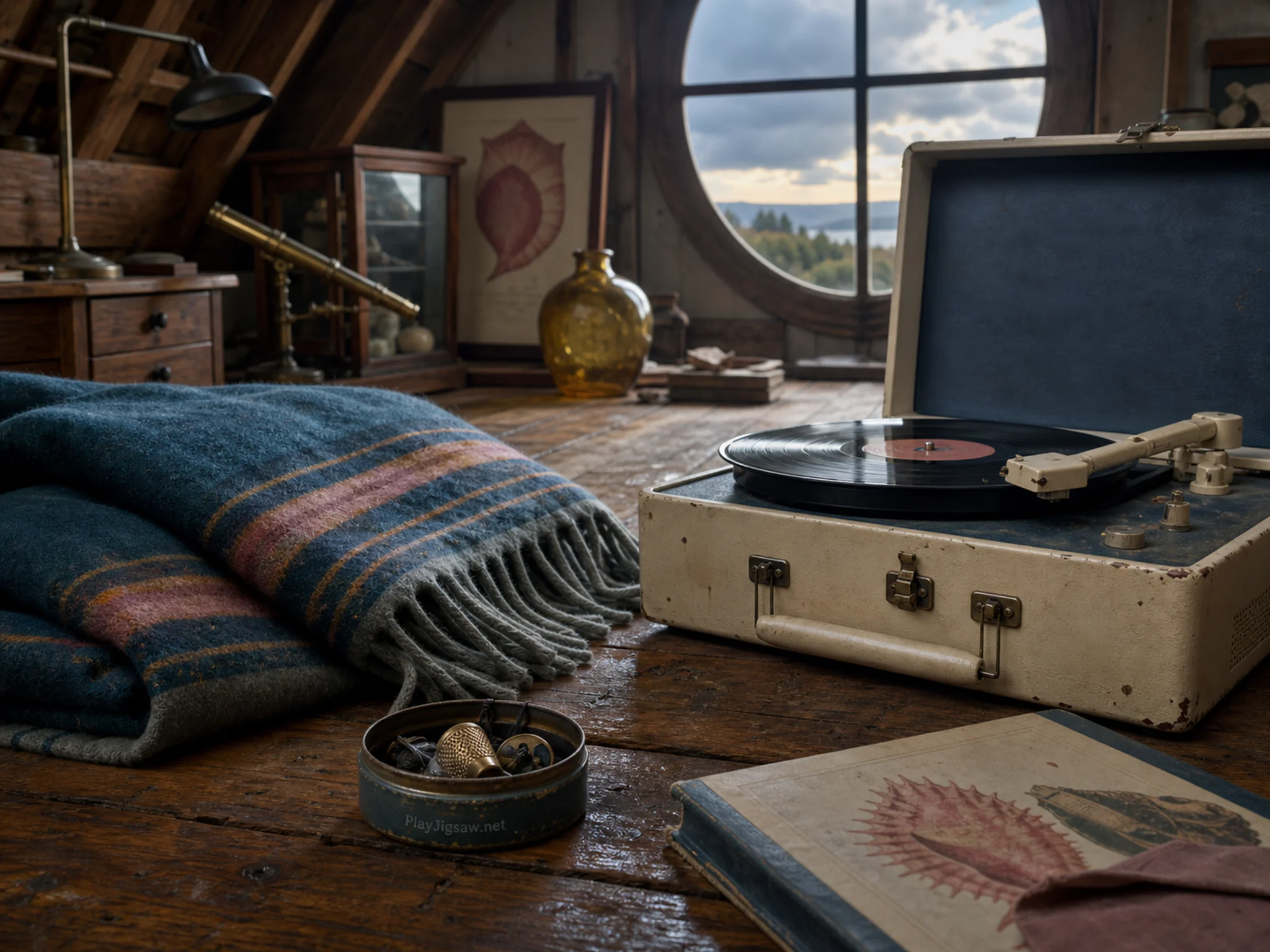 Ivory Record Player nestled beside folded wool blanket in a timbered attic workspace, composed as ground-level view using a textured leading edge, a middle landmark, and a high.