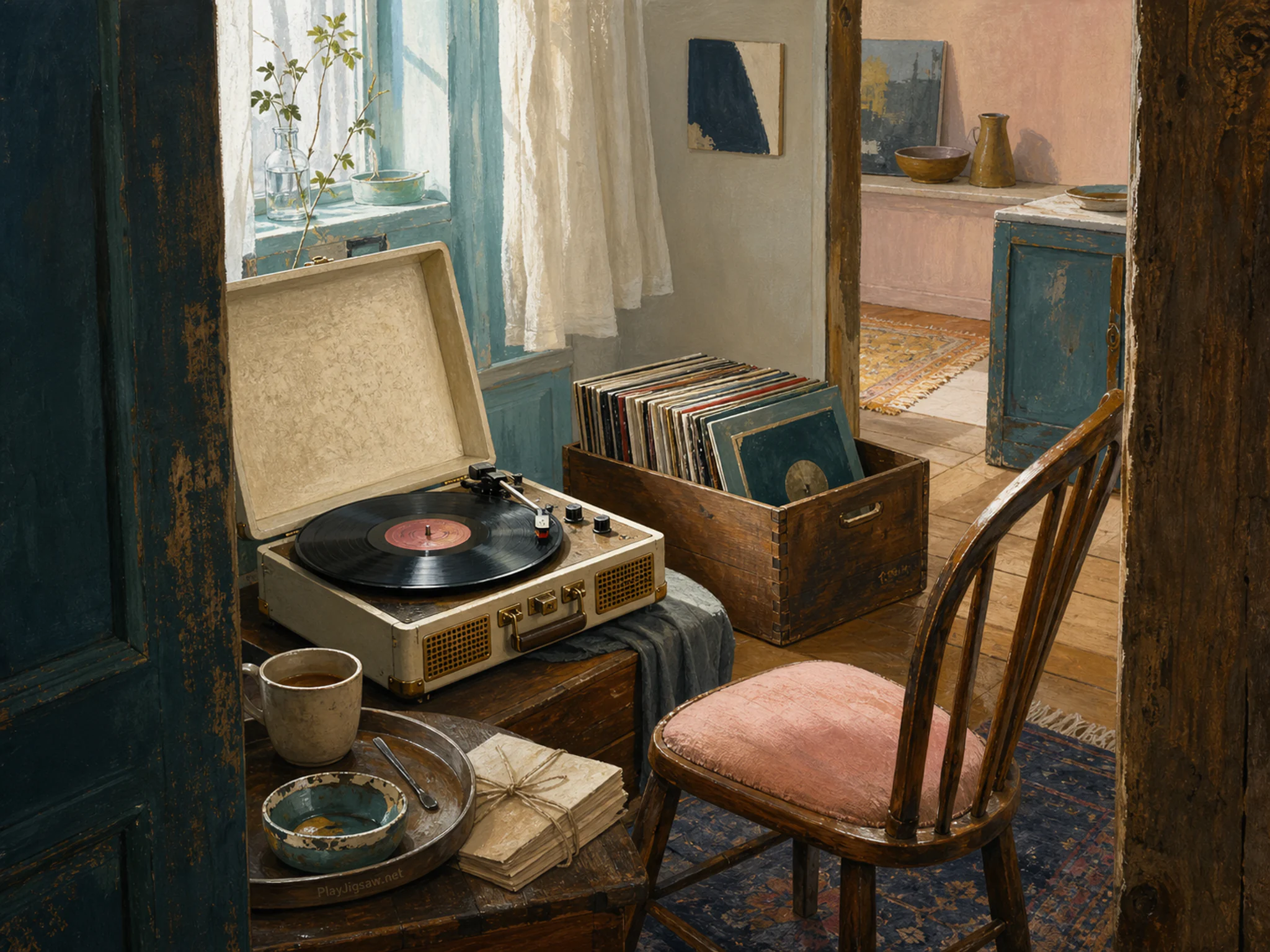 Ivory Record Player playing softly near walnut record crate in a bright morning breakfast corner, composed as low threshold view framed by two unequal vertical elements, opening.