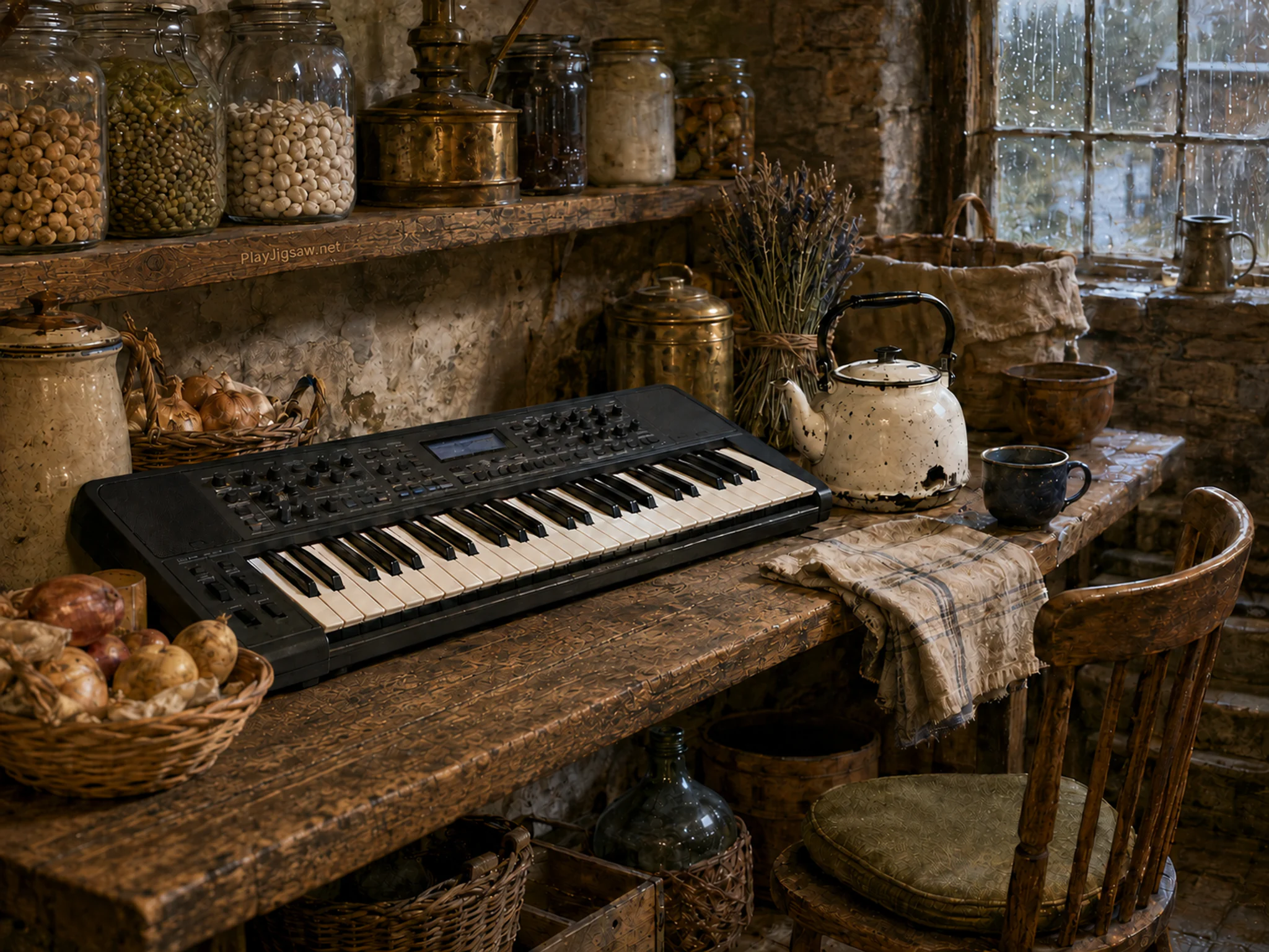 music studio keyboard resting naturally beside an enamel kettle in a familiar farmhouse pantry cellar beneath the kitchen, with familiar objects and gentle rain with crisp.