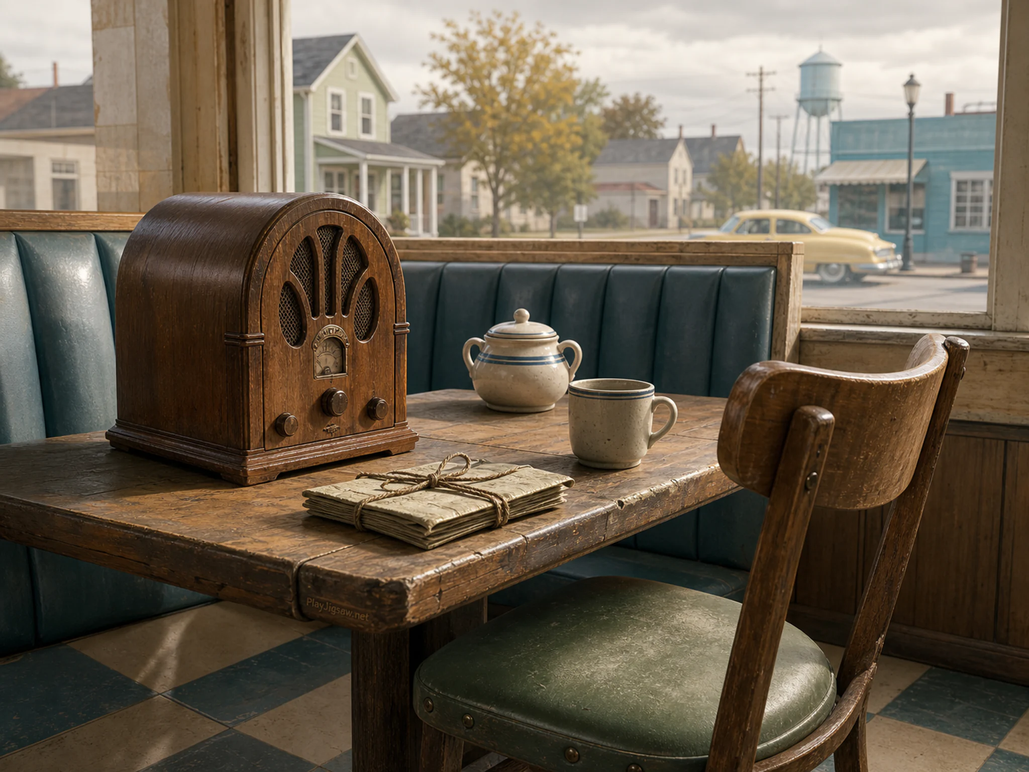 vintage radio table resting naturally beside a ceramic sugar bowl without text in a small neighborhood diner booth before opening, with familiar objects and soft overcast.