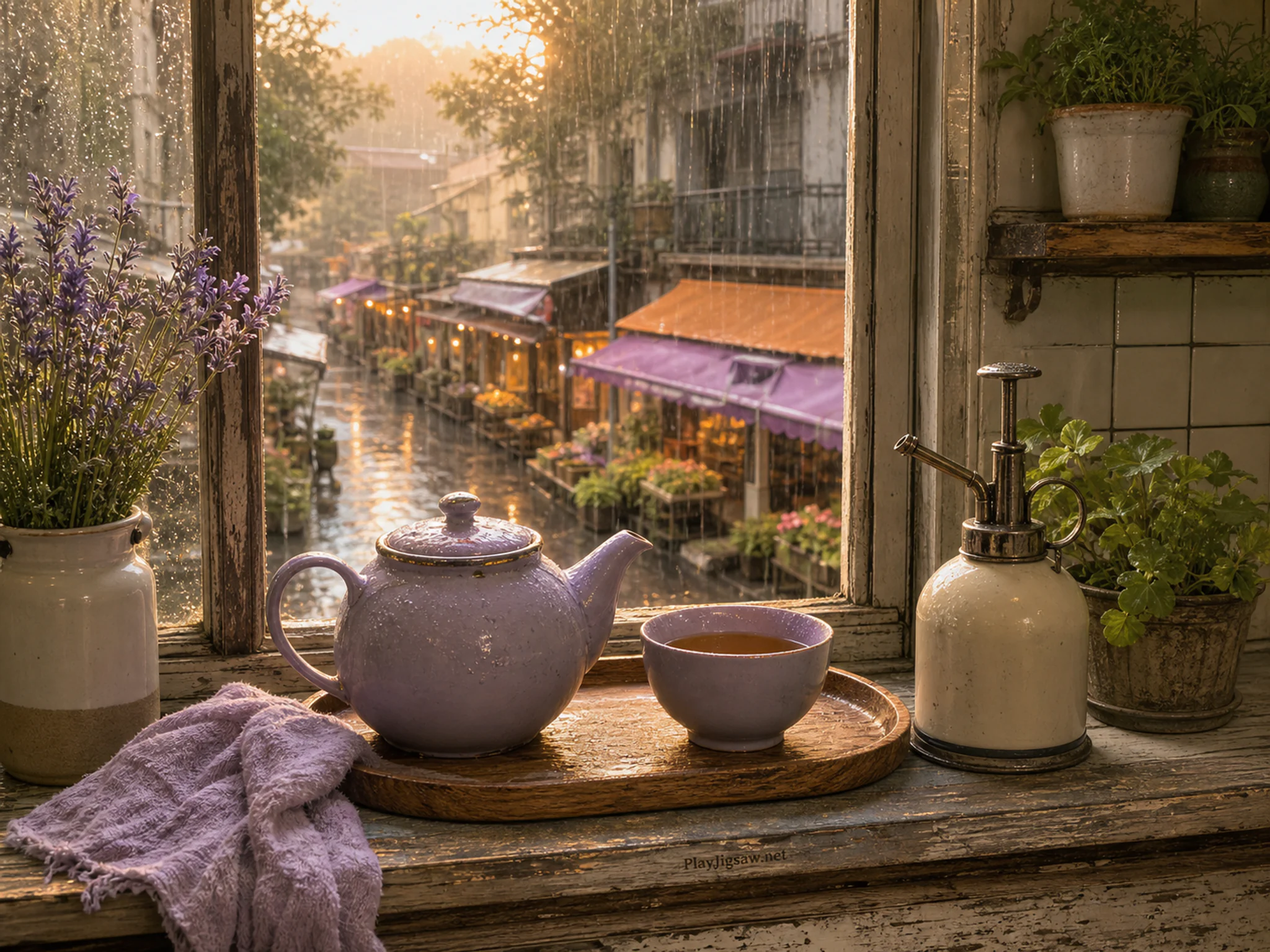 monsoon tea veranda resting naturally beside an enamel plant mister in an apartment kitchen window with a useful herb shelf, with familiar objects and warm late-day sunlight.