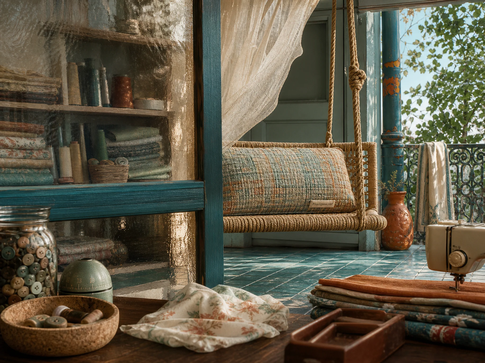 Porch Swing catching a breeze beside woven porch cushion in a fabric-filled sewing room, composed as off-center subject seen in reflection or through translucent material while.
