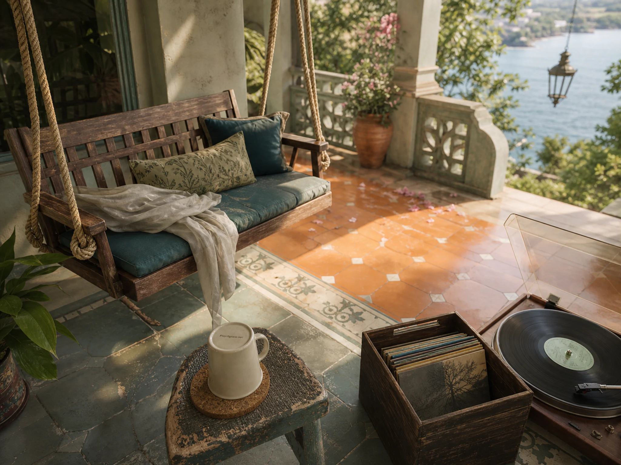 Porch Swing playing softly near walnut record crate in a sheltered outdoor veranda, composed as high oblique view with four large color zones connected by one S-shaped working.