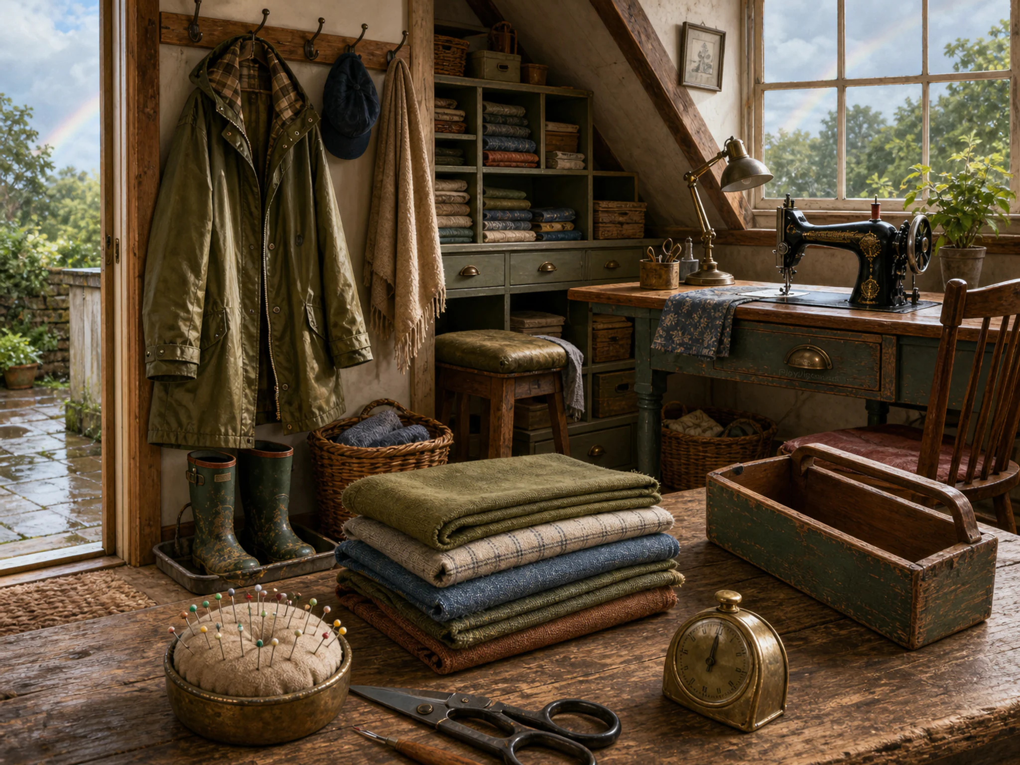 raincoat mudroom resting naturally beside a pin cushion in an attic sewing room with folded cloth and a familiar machine, with familiar objects and sun after a brief rain shower.