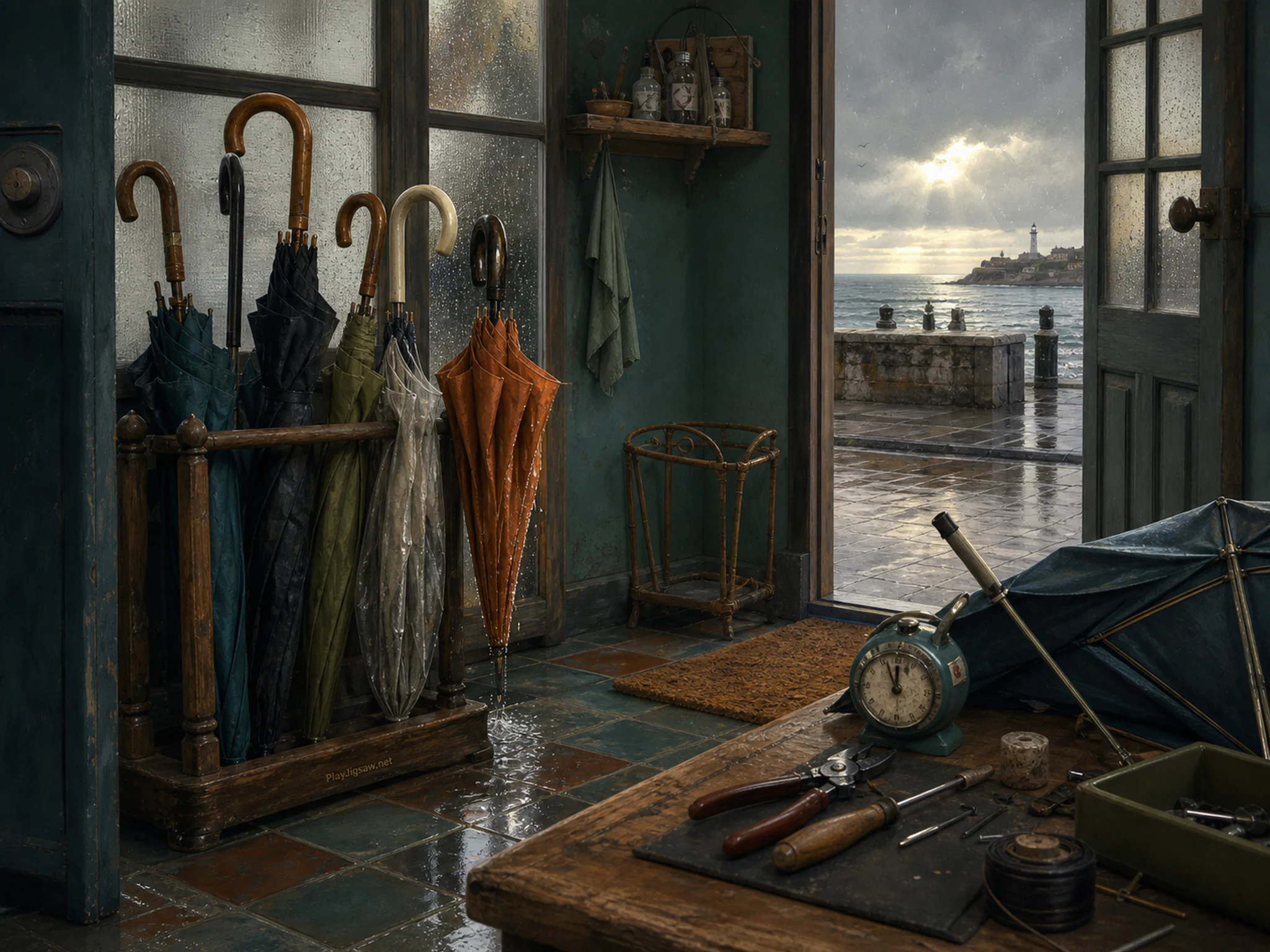 Umbrella Repair Shop drying beside wooden umbrella stand in a rain-speckled entry room, composed as compressed telephoto layers with distinct silhouettes and no repeated.