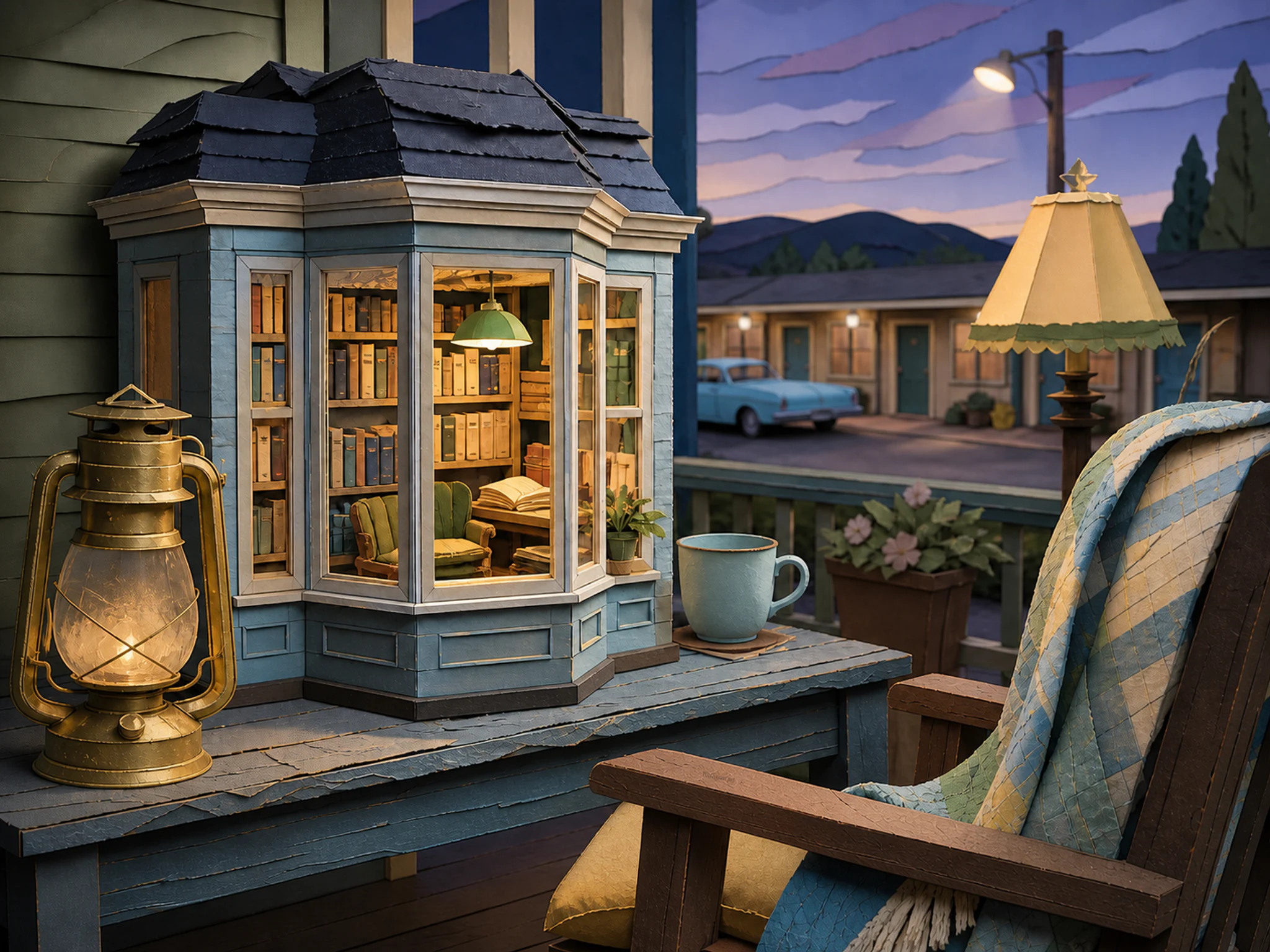 bay window library resting naturally beside a brass storm lantern in an evening roadside motel terrace with a lamp and folded blanket, with familiar objects and bright diffused.