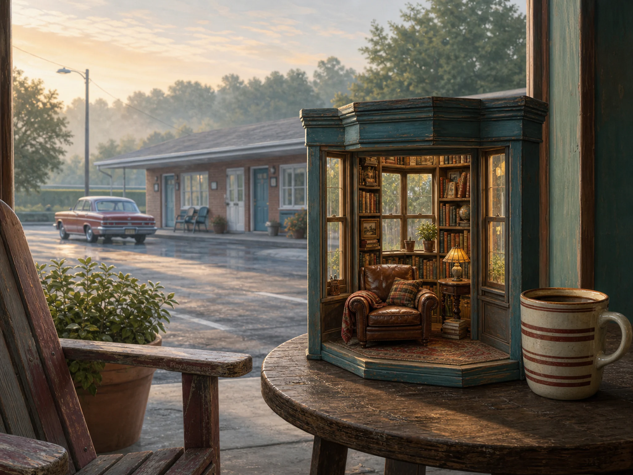 bay window library resting naturally beside a striped ceramic mug in a quiet roadside motel terrace with a chair and potted plant, with familiar objects and clear early-morning.