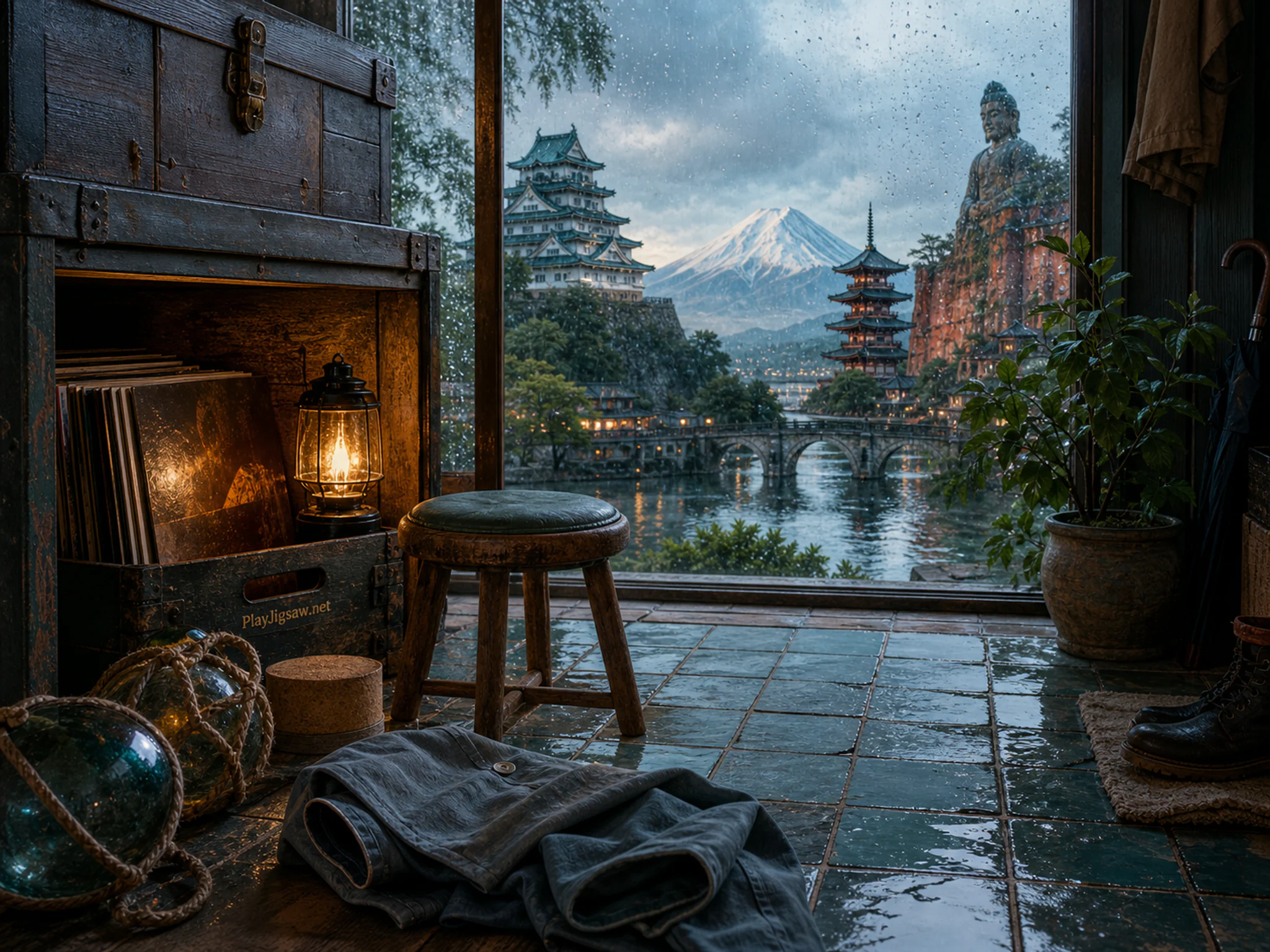 Rainy Window Nook stored beneath small storage trunk in a rain-speckled entry room, composed as panoramic cross-section with five large landmarks and quiet breathing room between.