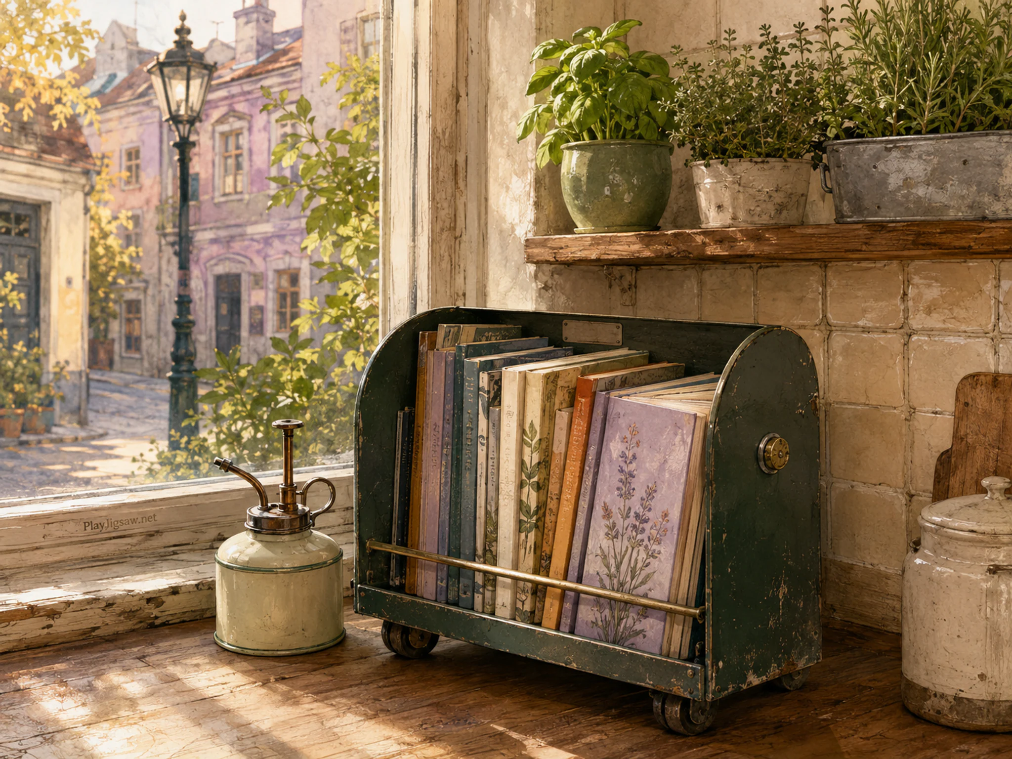underground book cart resting naturally beside an enamel plant mister in an apartment kitchen window with a useful herb shelf, with familiar objects and warm late-day sunlight.