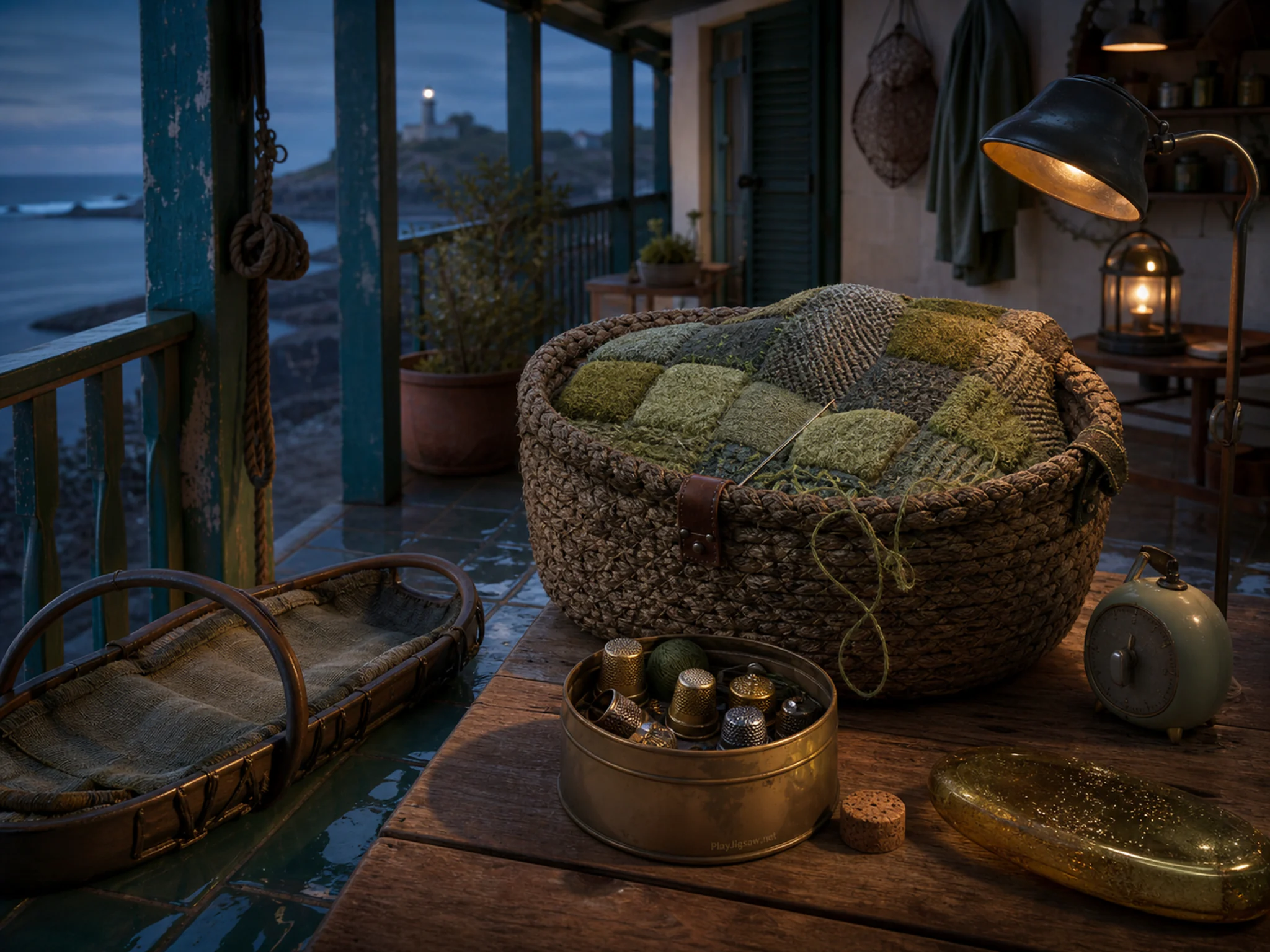 Moss Quilt Basket being mended beside brass thimble tin in a sheltered outdoor veranda, composed as panoramic cross-section with five large landmarks and quiet breathing room.