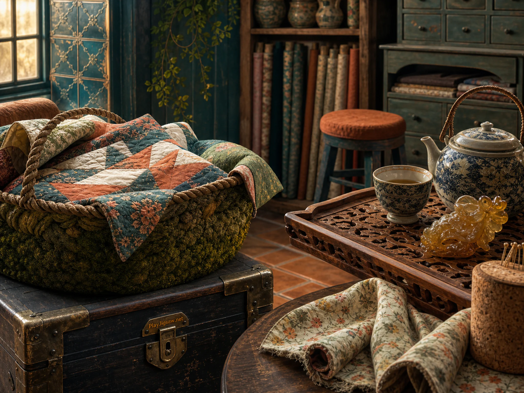 Moss Quilt Basket warming near engraved tea tray in a fabric-filled sewing room, composed as compressed telephoto layers with distinct silhouettes and no repeated wallpaper-like.