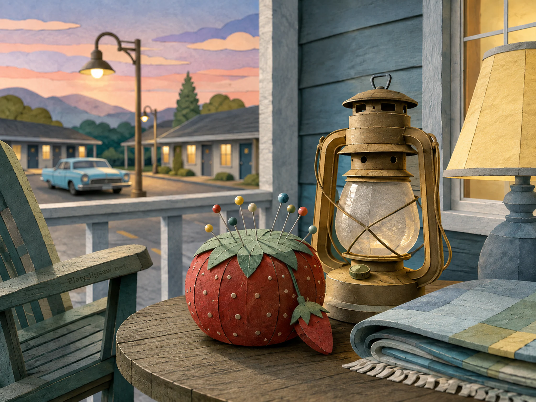 strawberry pincushion resting naturally beside a brass storm lantern in an evening roadside motel terrace with a lamp and folded blanket, with familiar objects and bright.